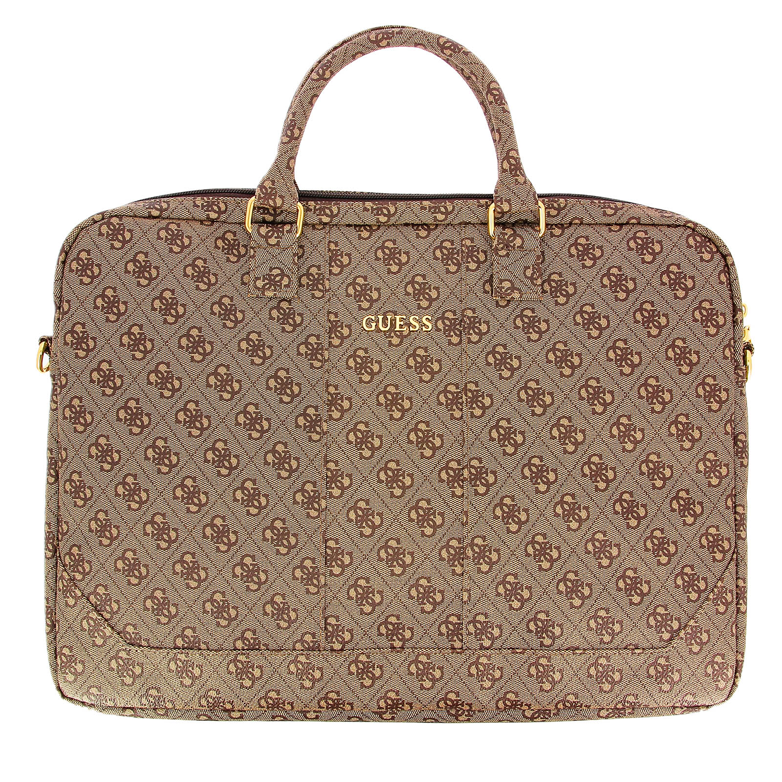Borsa Guess marrone con motivo logo ripetuto, hardware dorato e manico.
