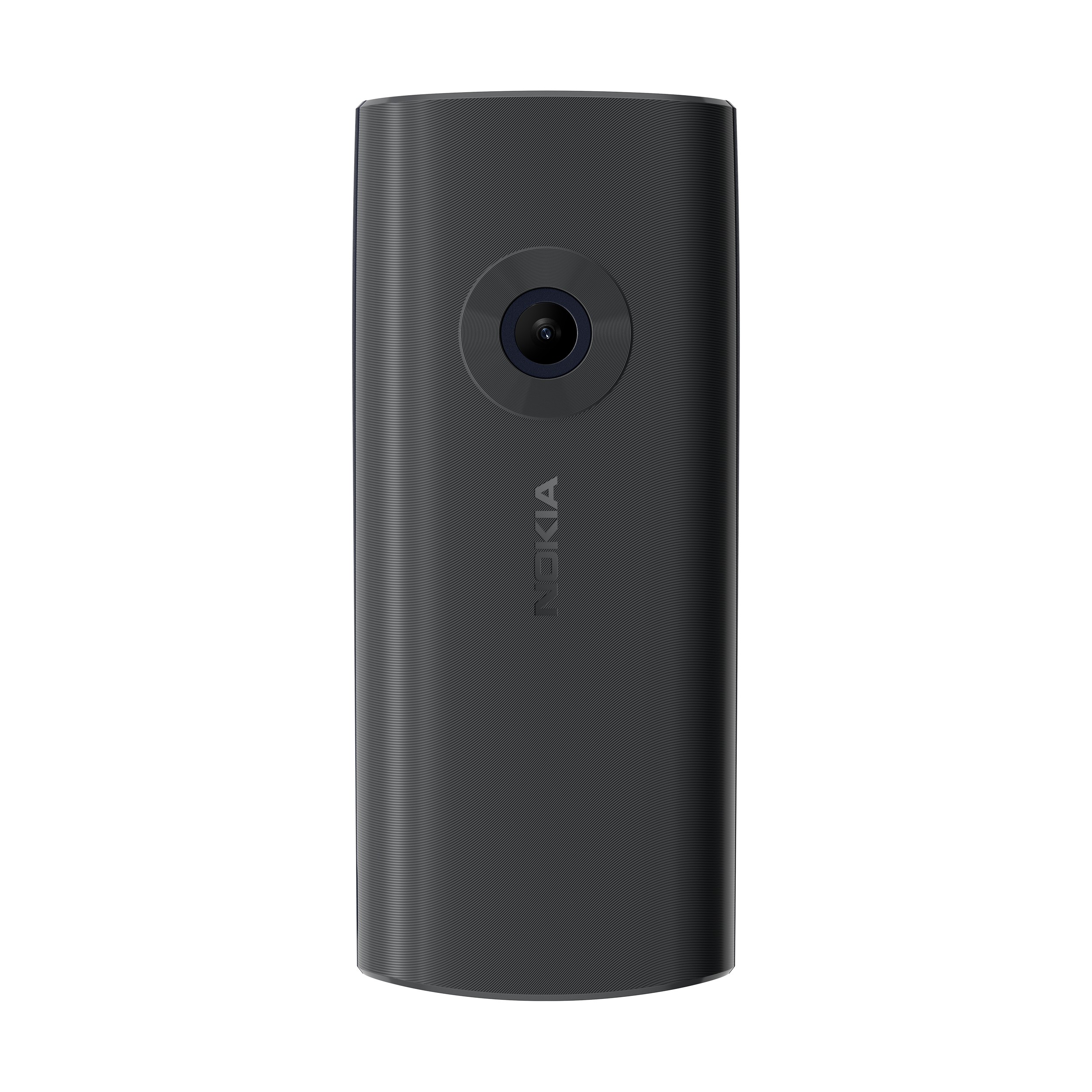 Die Rückseite eines dunkelgrauen Nokia-Telefons. Es hat ein Kameraobjektiv und das Nokia-Logo. Der Hintergrund ist weiß.