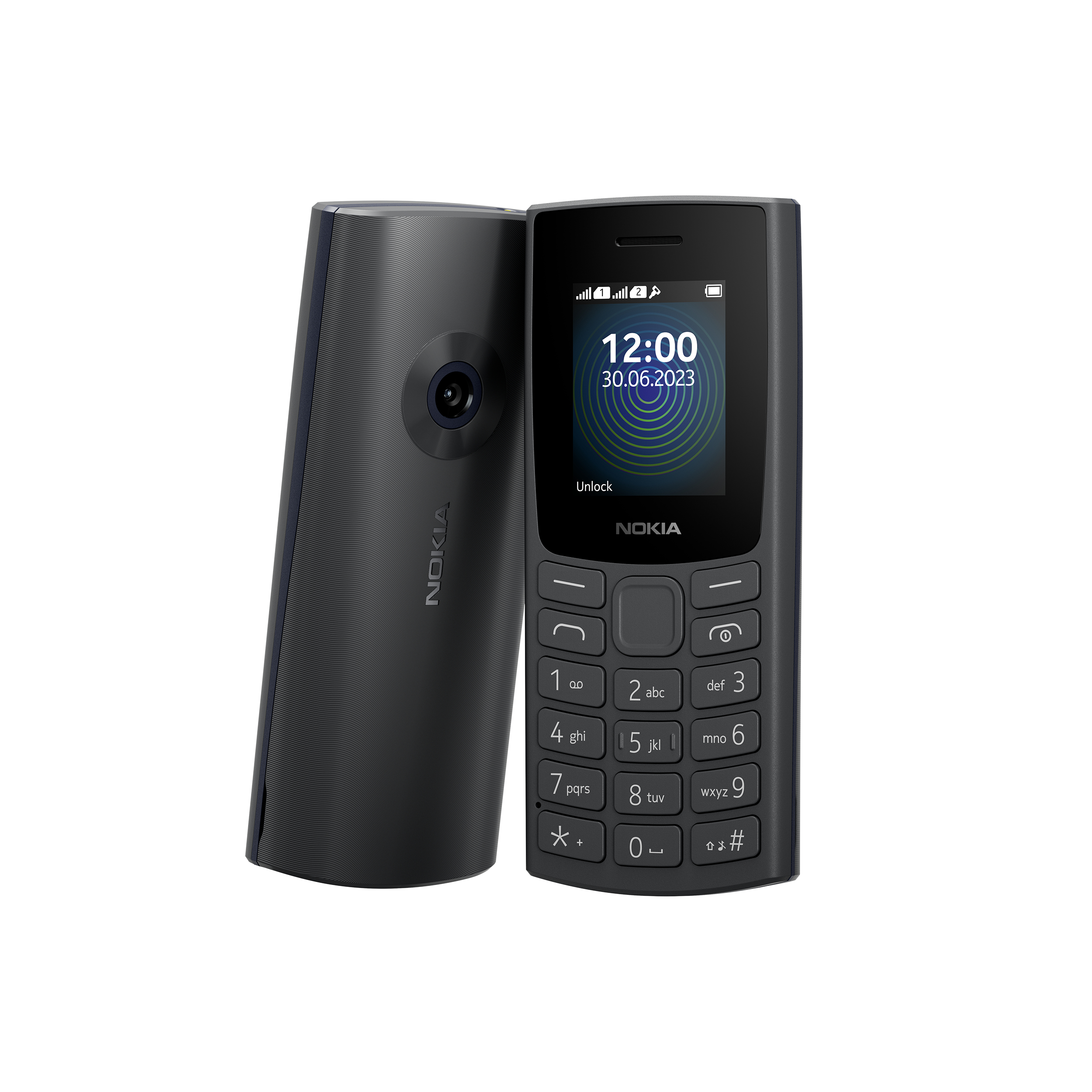 Zwei schwarze Nokia-Telefone auf weißem Hintergrund. Eines ist angewinkelt und zeigt die Kamera.