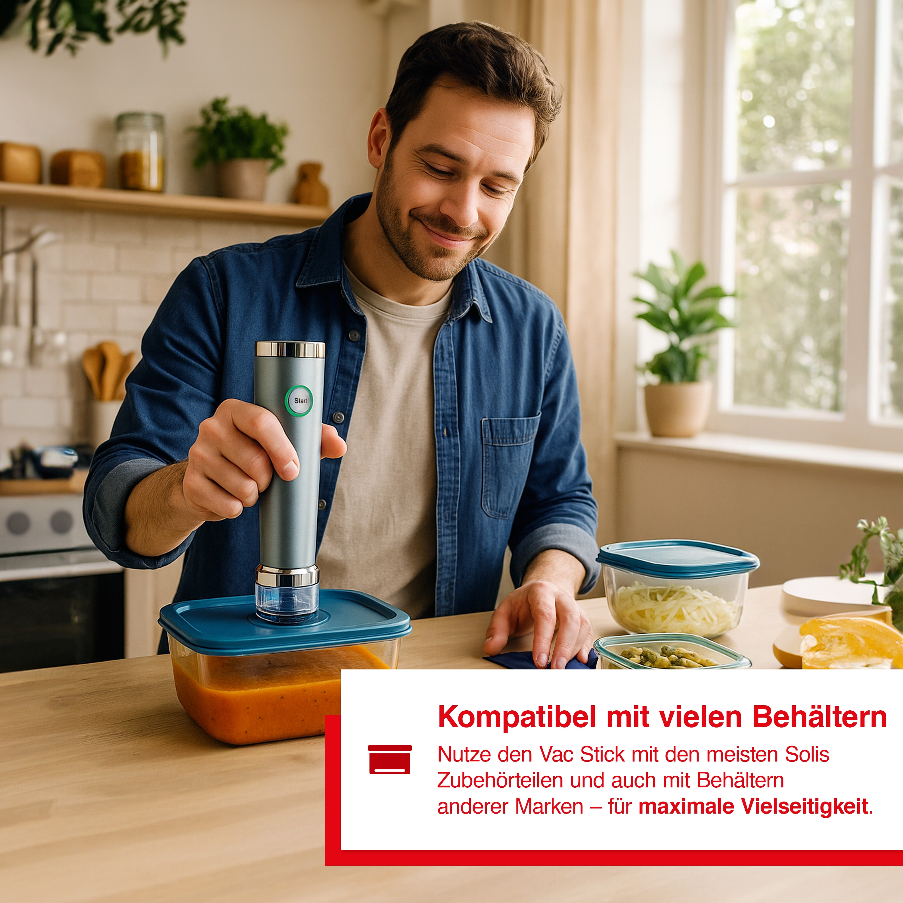 Mann benutzt einen Vakuumierer auf einem Suppenbehälter, Küchenumgebung. Weitere Behälter mit Essen.
