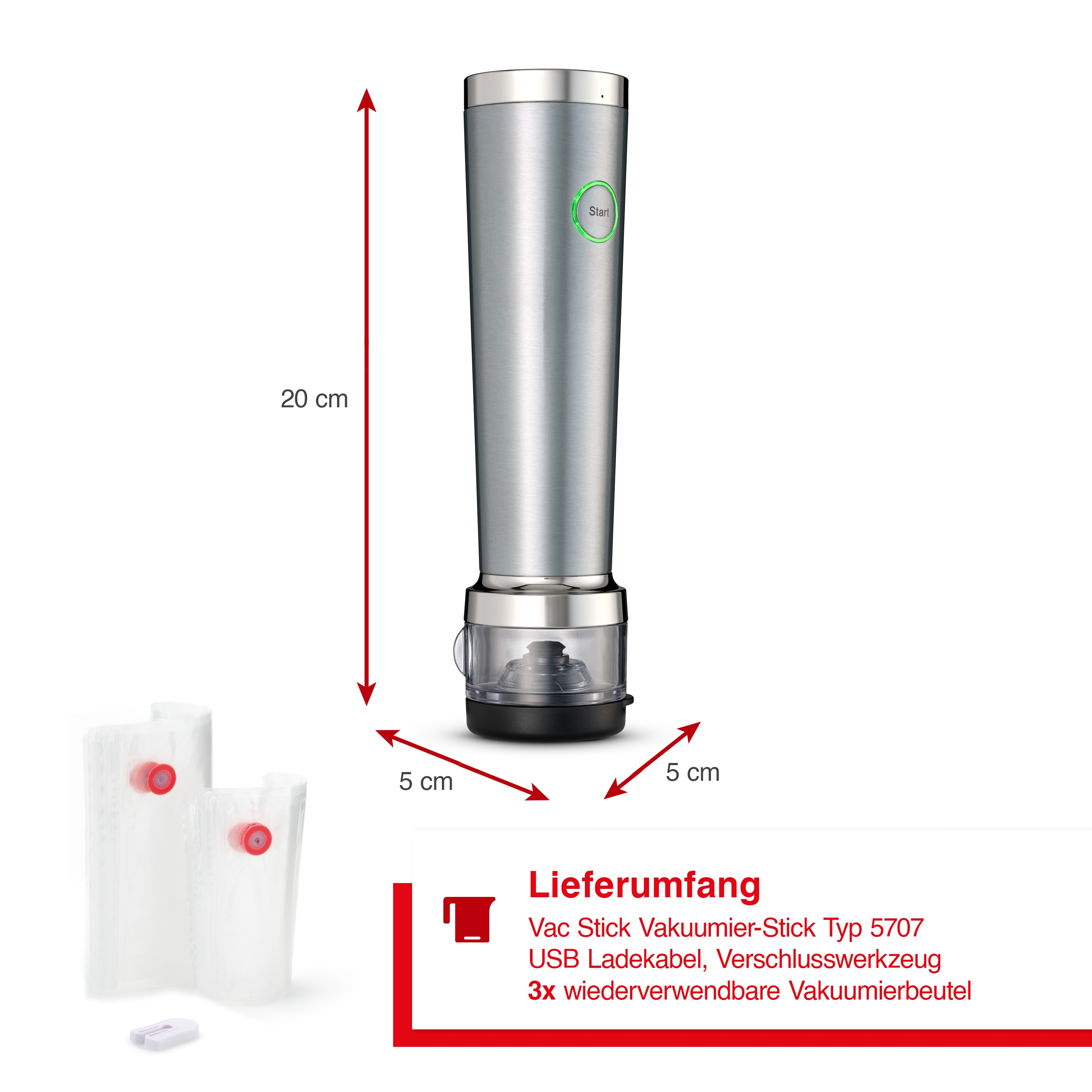 Ein silbernes Vakuumiergerät mit grünem Startknopf, drei Vakuumbeuteln und beschrifteten Abmessungen.