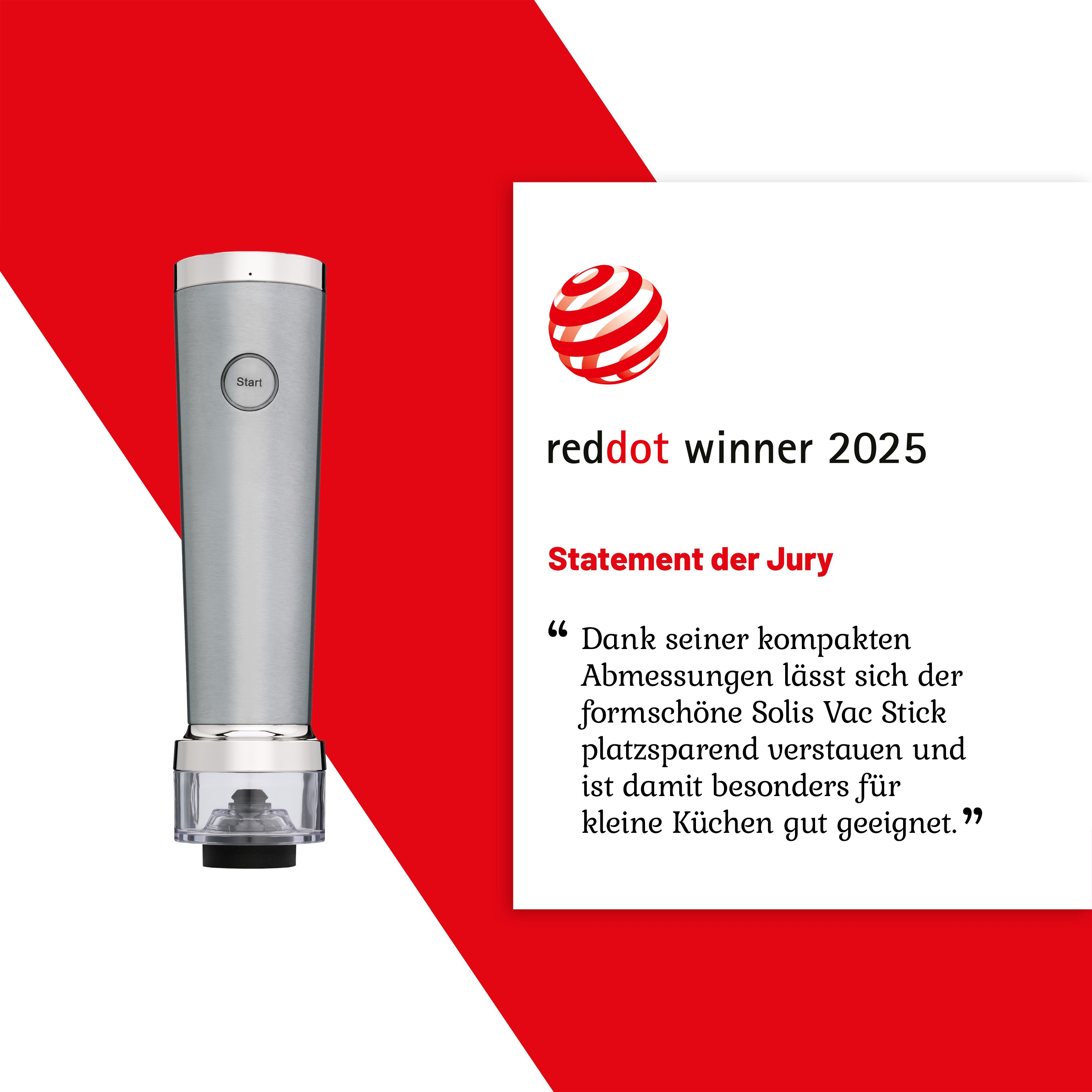 Ein silberner elektrischer Weinöffner auf rotem und weißem Hintergrund. Es hat eine Starttaste. Text sagt 'reddot winner 2025'.