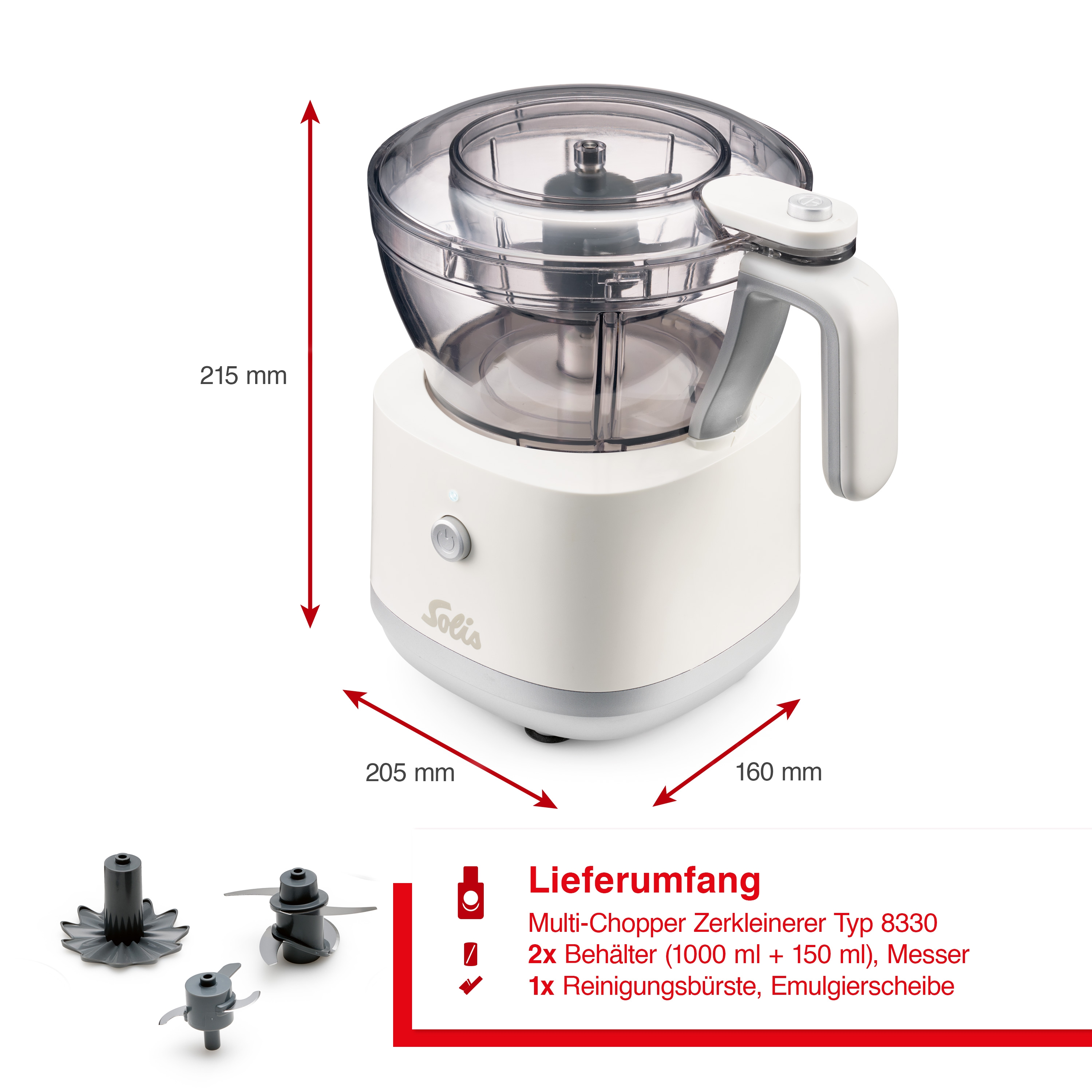 Un robot da cucina bianco con coperchio trasparente, maniglia e tre lame. Le dimensioni sono indicate da frecce.