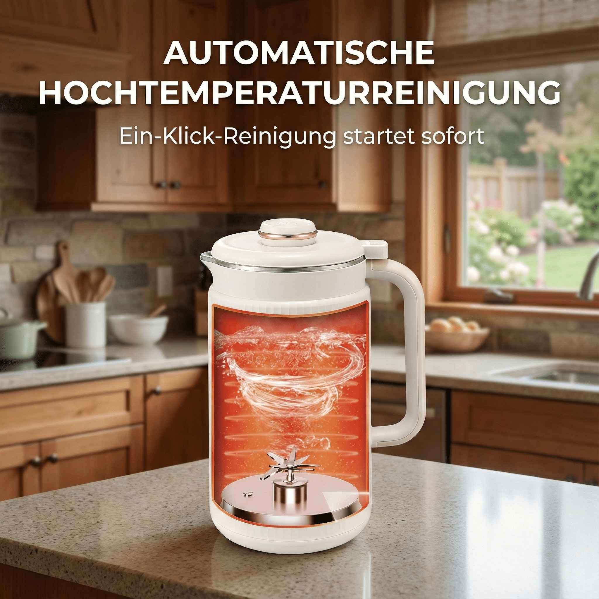 Ein weißes und goldenes Gerät mit einem Ausschnitt, der rote Flüssigkeit zeigt. Text: Automatische Hochtemperaturreinigung.