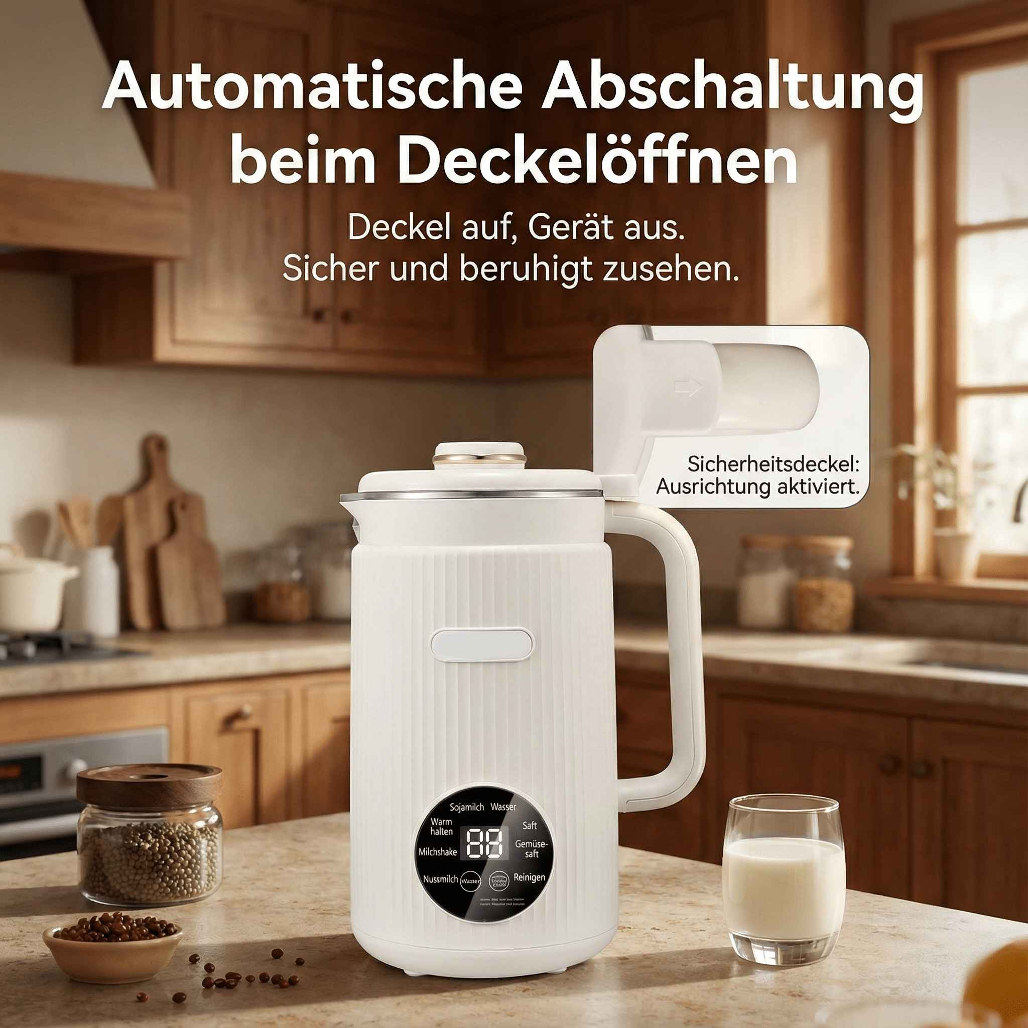 Ein weißes Gerät mit Digitalanzeige steht auf einer Theke. Ein Glas Milch und Zutaten sind in der Nähe.