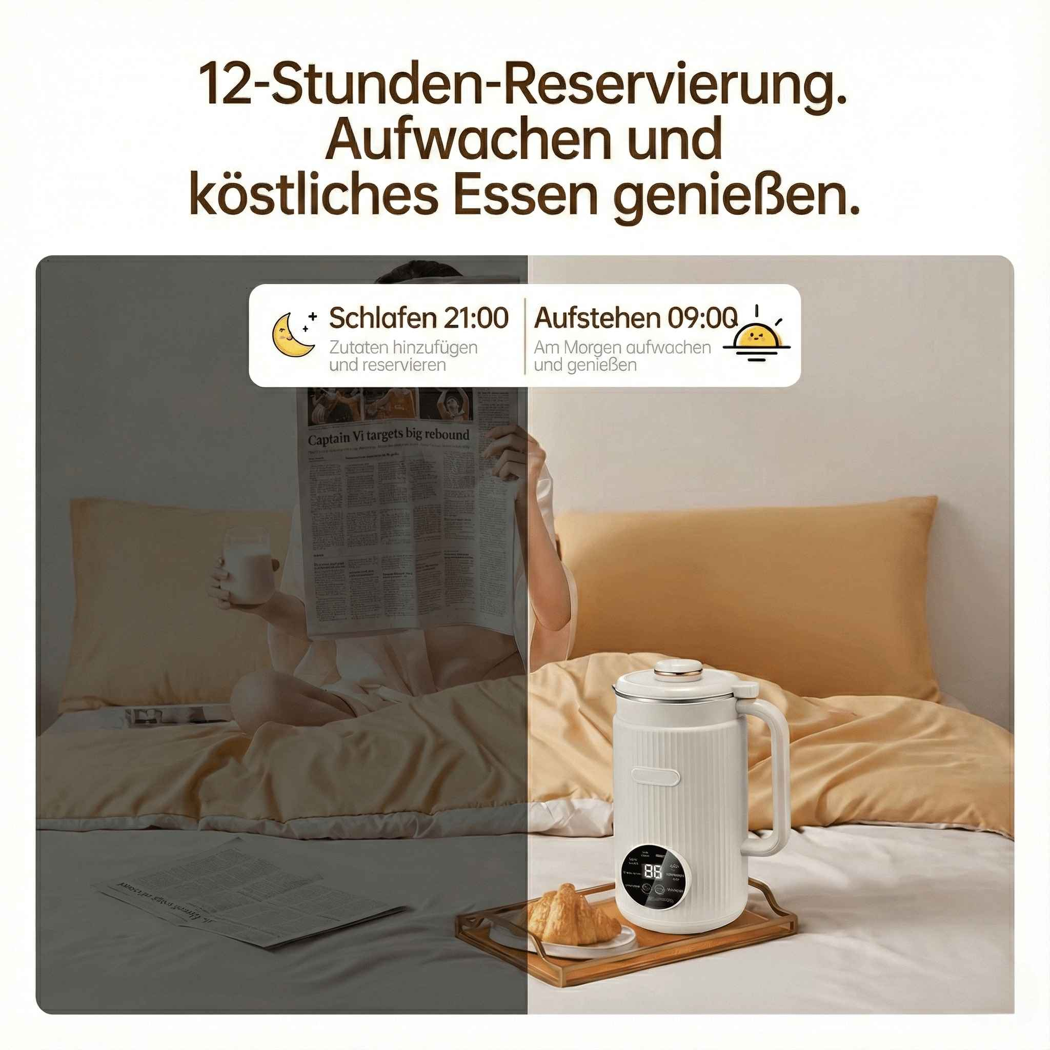 Eine Person liegt im Bett und liest eine Zeitung. Ein weißes Gerät und Croissant auf einem Tablett. Text-Overlay.