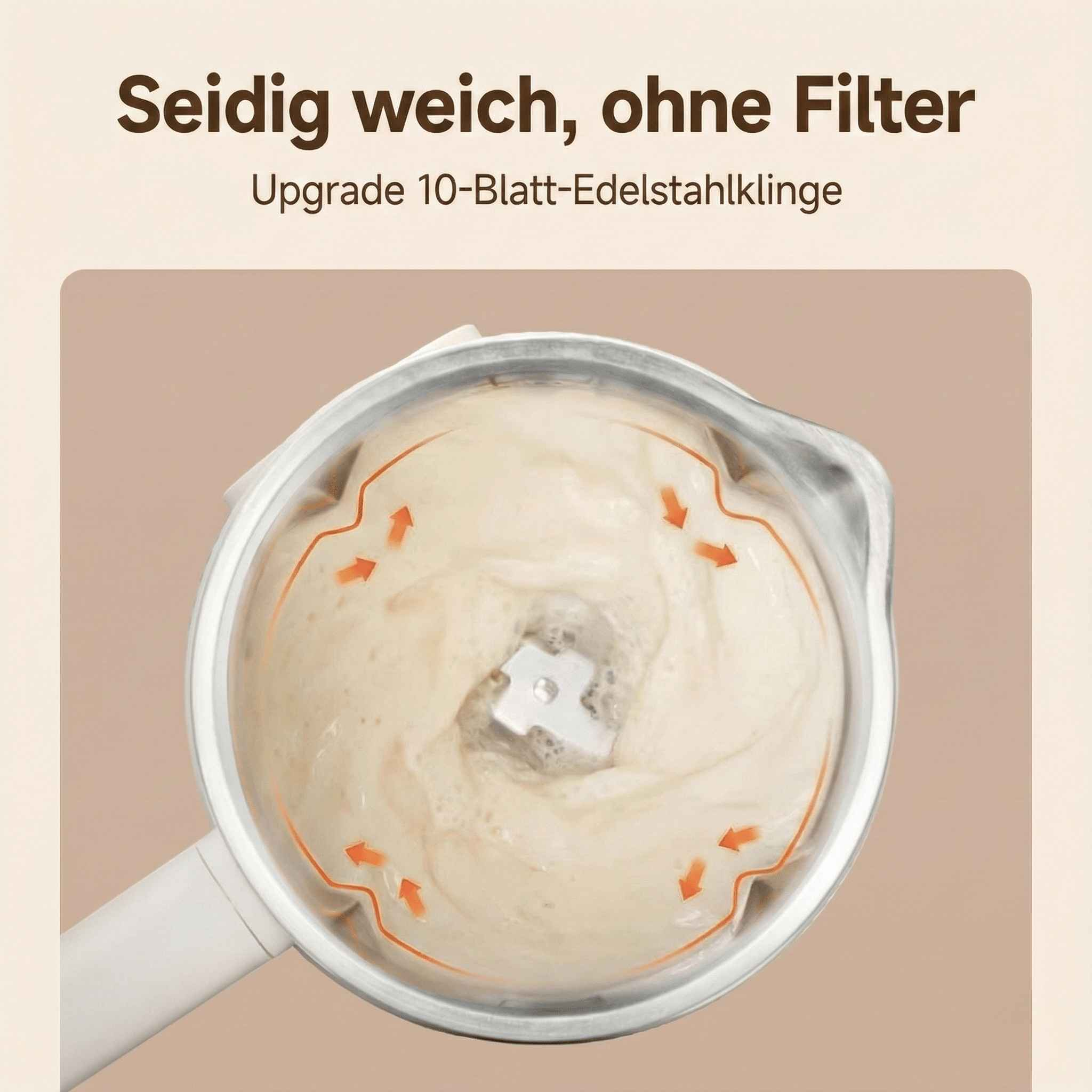 Nahaufnahme eines Mixers mit einer cremigen Substanz. Pfeile zeigen den Mischvorgang, Text auf Deutsch.