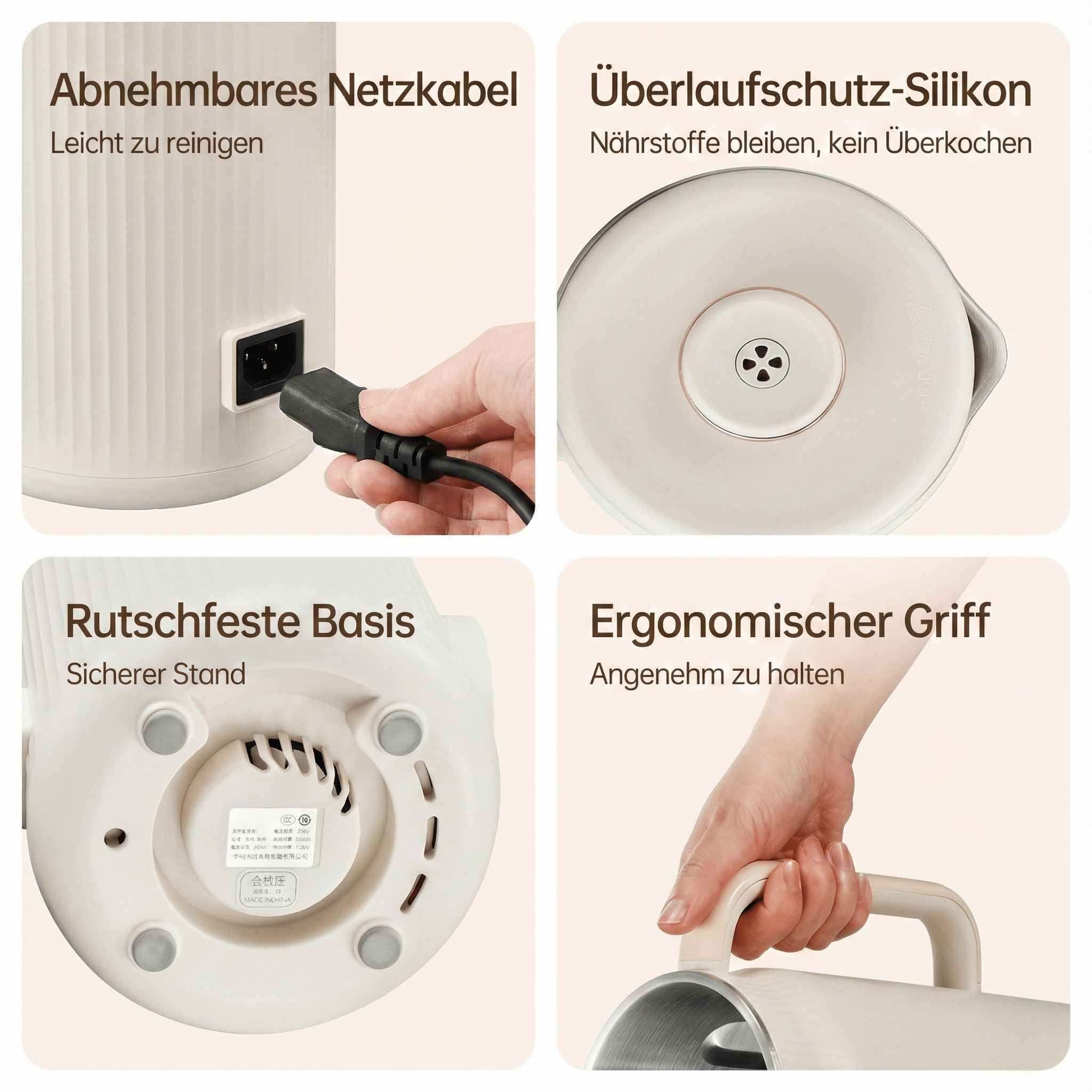 Das Bild zeigt Teile eines cremefarbenen Geräts: Netzkabel eingesteckt, Deckel, Boden und Griff. Deutsche Texte heben Merkmale hervor.
