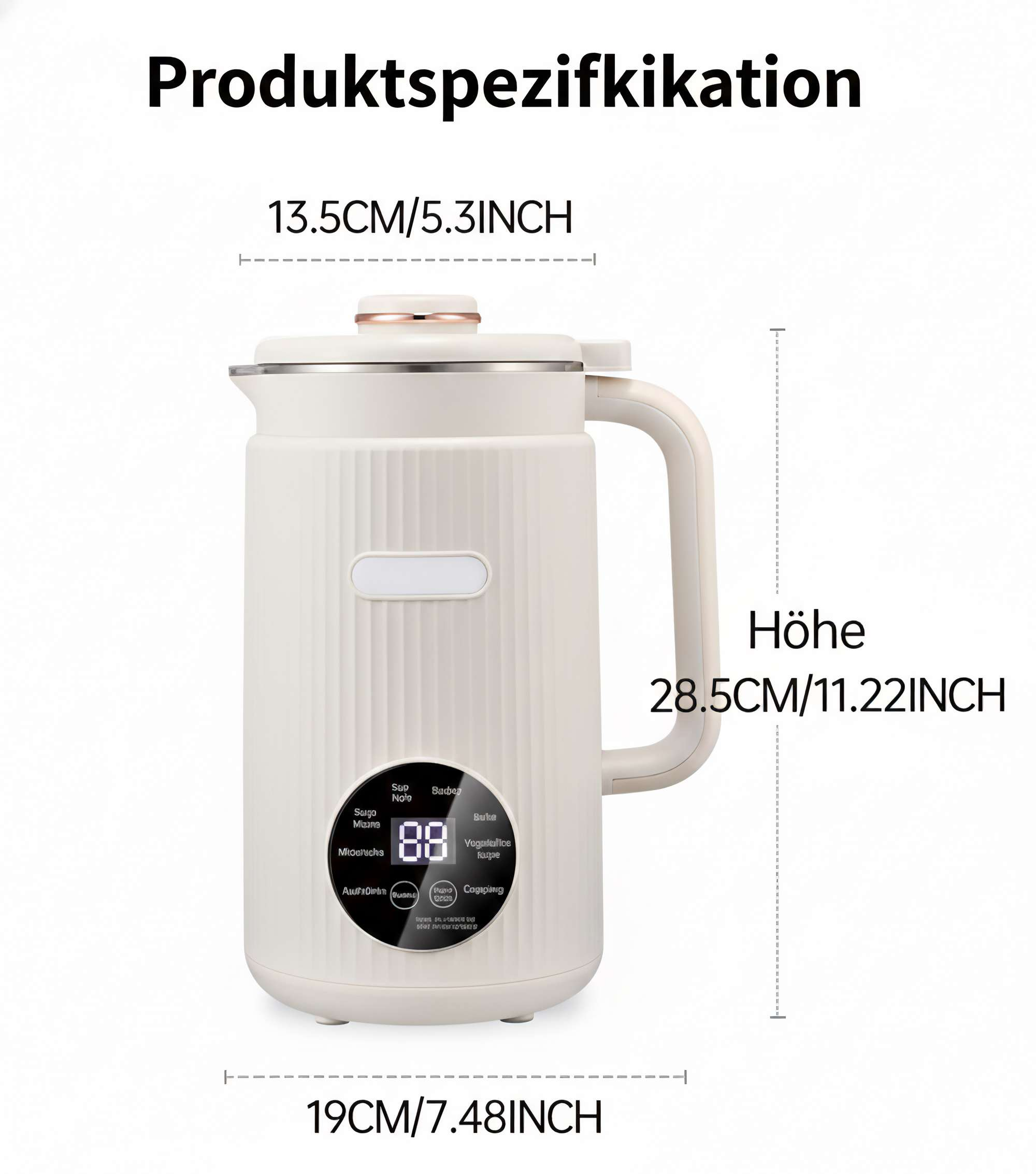 Ein weißer Wasserkocher mit Griff und Digitalanzeige. Abmessungen sind beschriftet. Text: Produktspezifikation.
