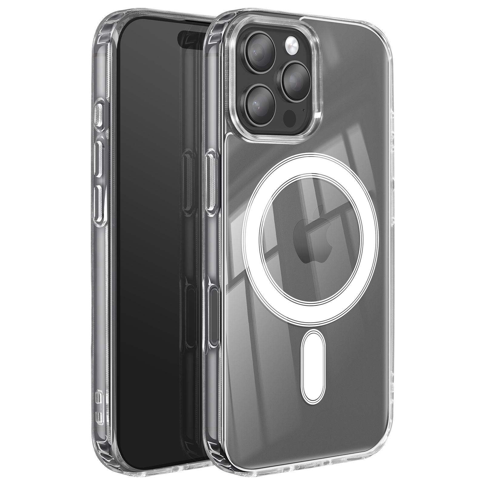 Custodia trasparente per iPhone con anello magnetico bianco e forma rettangolare bianca. Lo schermo è visibile.