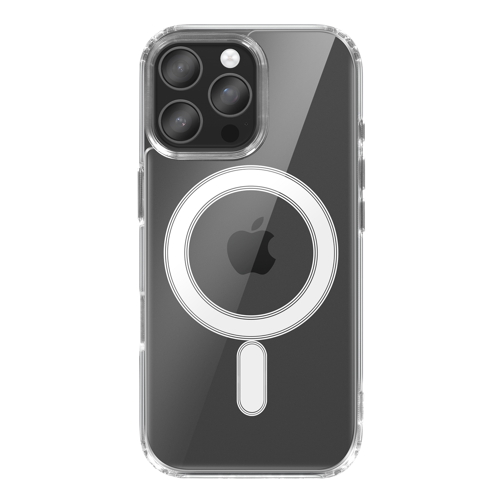 Custodia trasparente per telefono con lenti della fotocamera, cerchio bianco e logo Apple. Sfondo bianco.