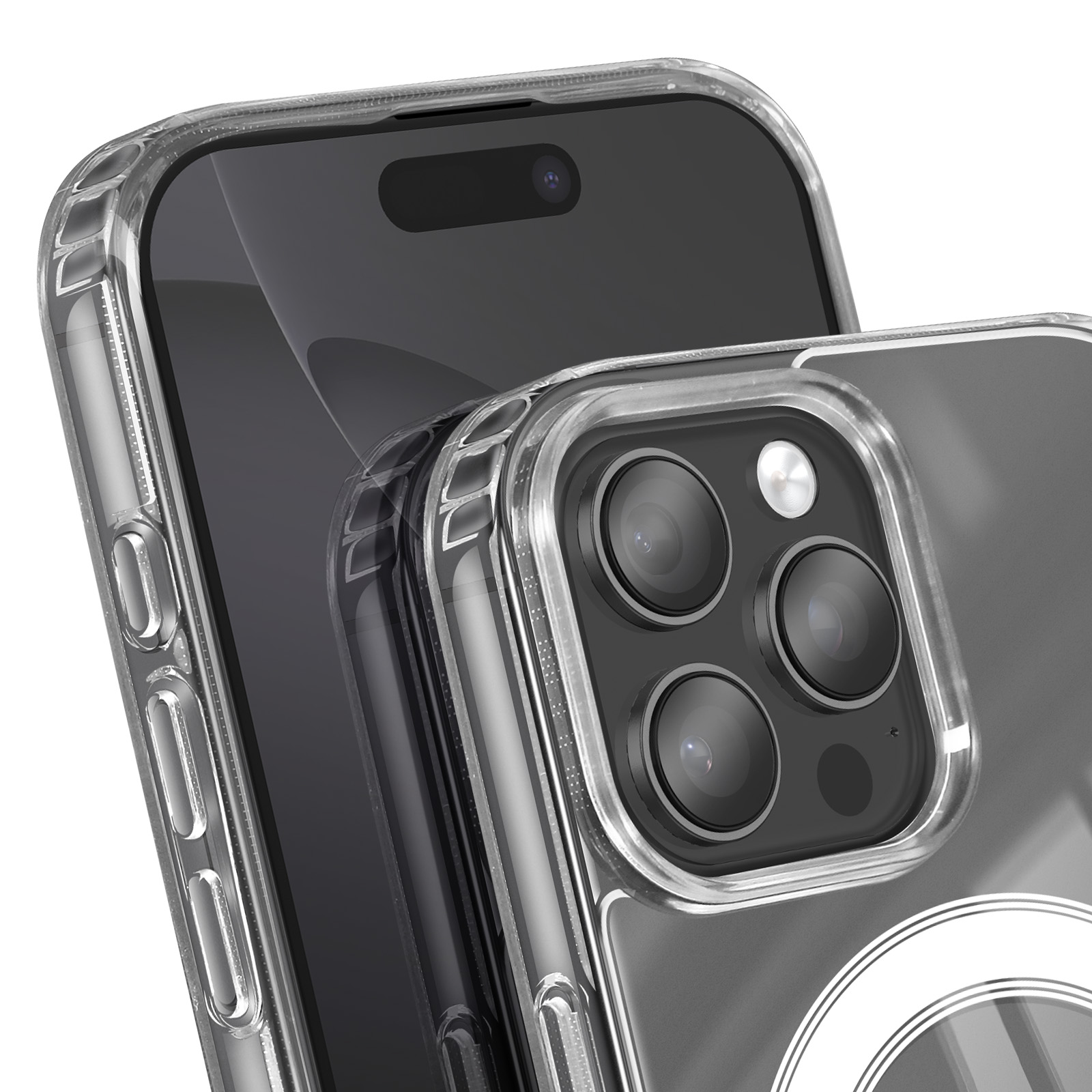 Primo piano di un telefono con custodia trasparente. Visibili schermo, lenti della fotocamera e custodia protettiva.