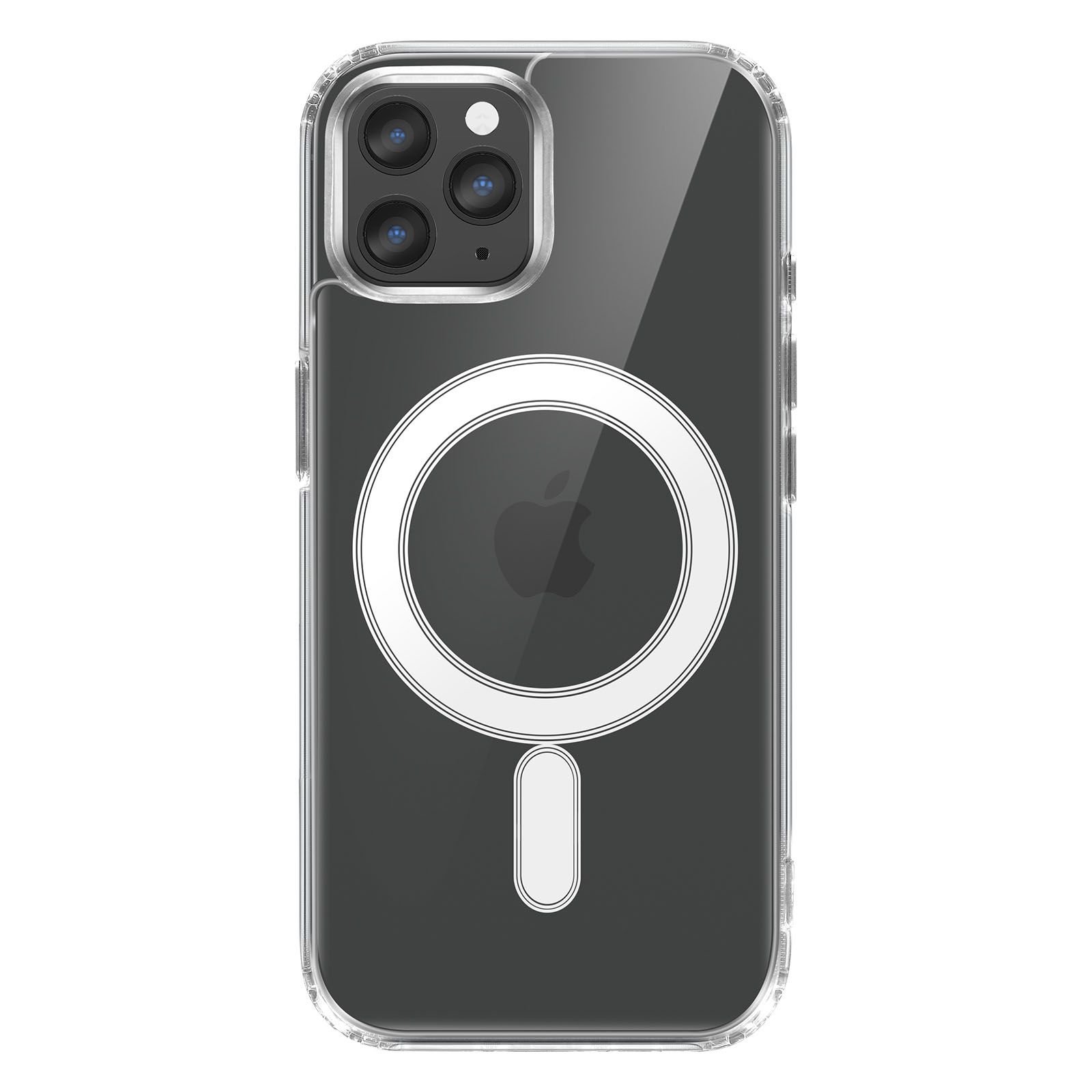 Custodia trasparente per iPhone con anello bianco e logo Apple. Ha un cerchio di ricarica magnetica e una barra inferiore bianca.