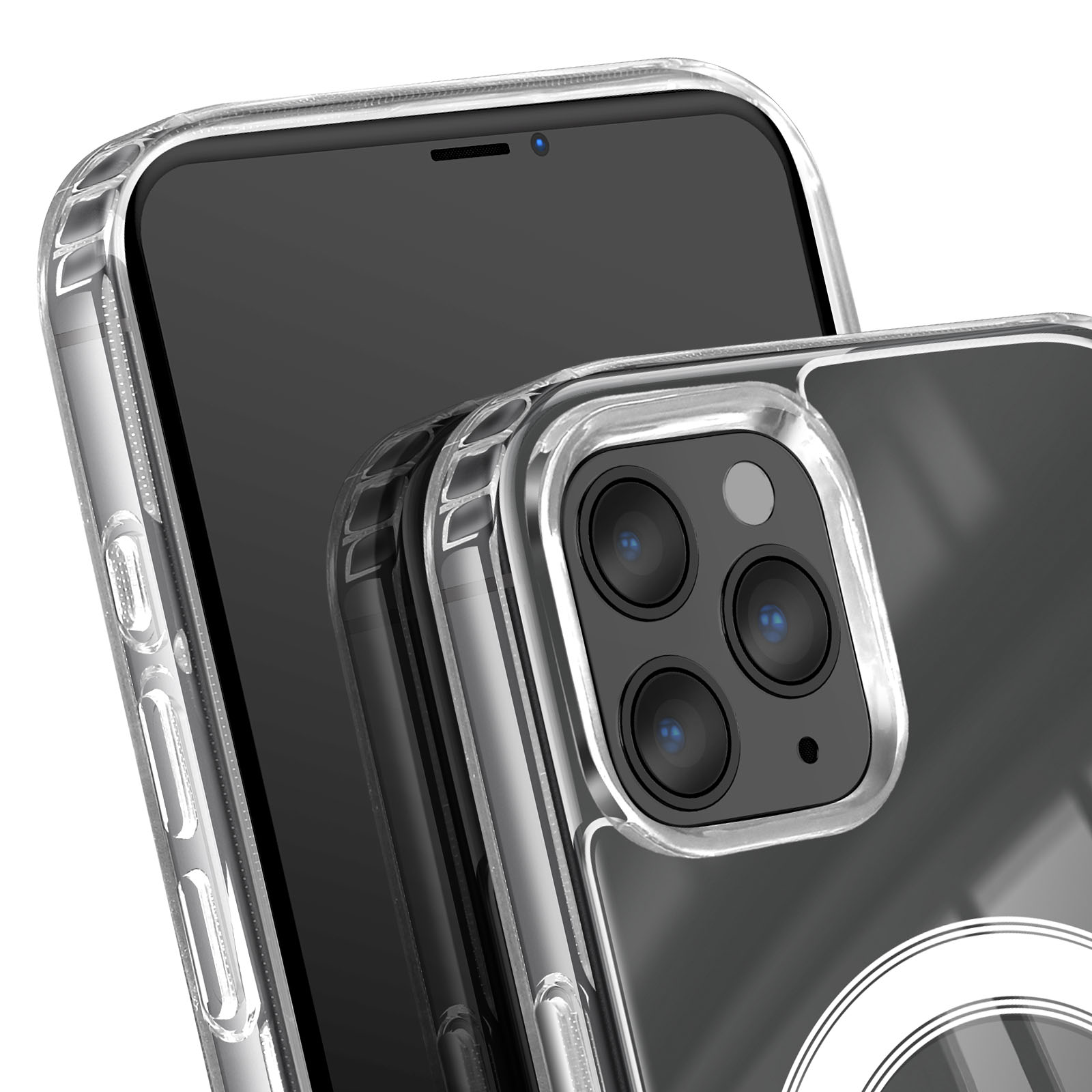 Primo piano di due smartphone con custodie trasparenti. L'attenzione è sulle lenti della fotocamera e i dettagli dello schermo. Sfondo bianco.