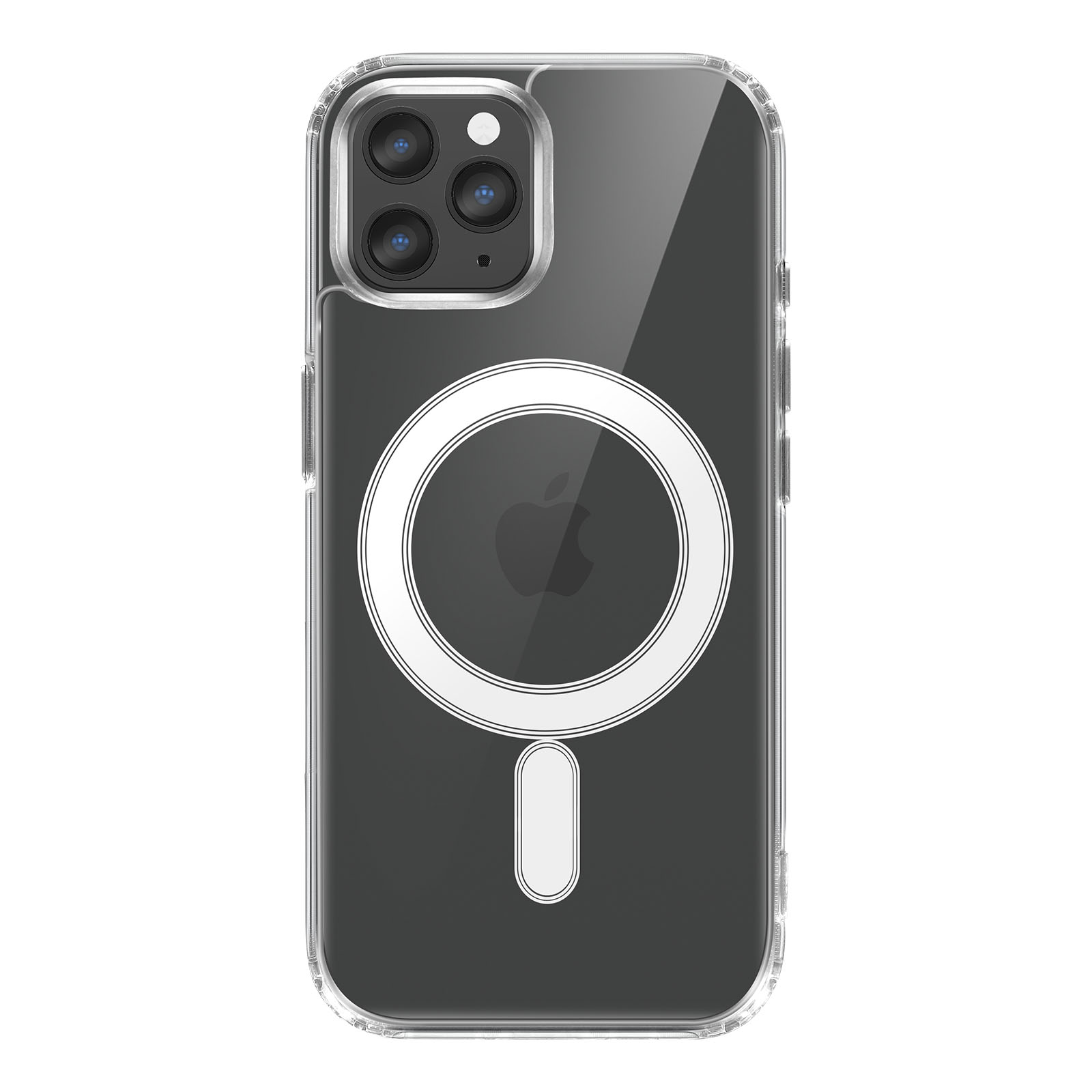 Custodia trasparente per iPhone, compatibile MagSafe. Caratterizzata da un anello bianco e un rettangolo bianco in basso.