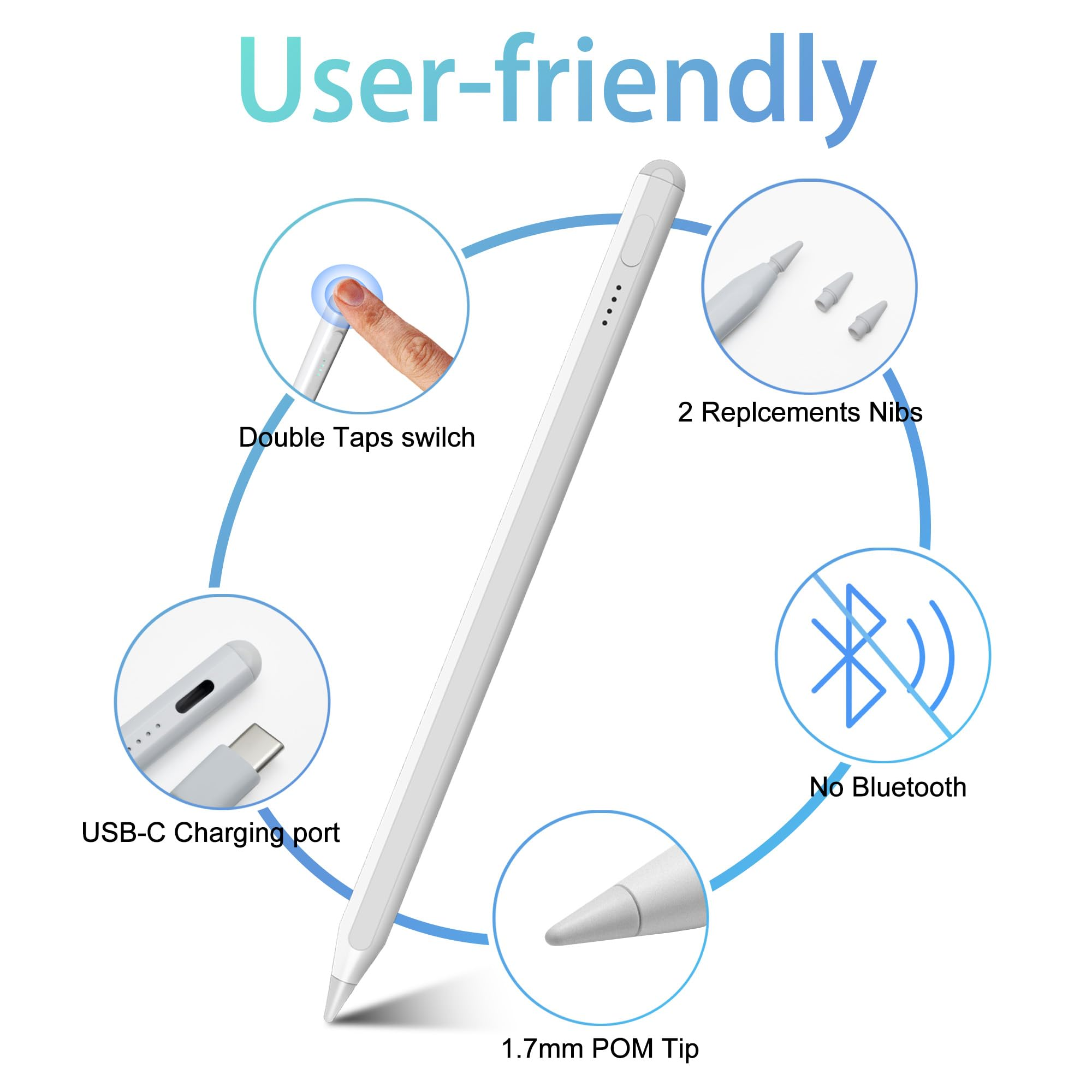 Weißer Stift mit Funktionen: Doppeltipp-Schalter, 2 Spitzen, USB-C-Anschluss, 1,7-mm-Spitze und kein Bluetooth.