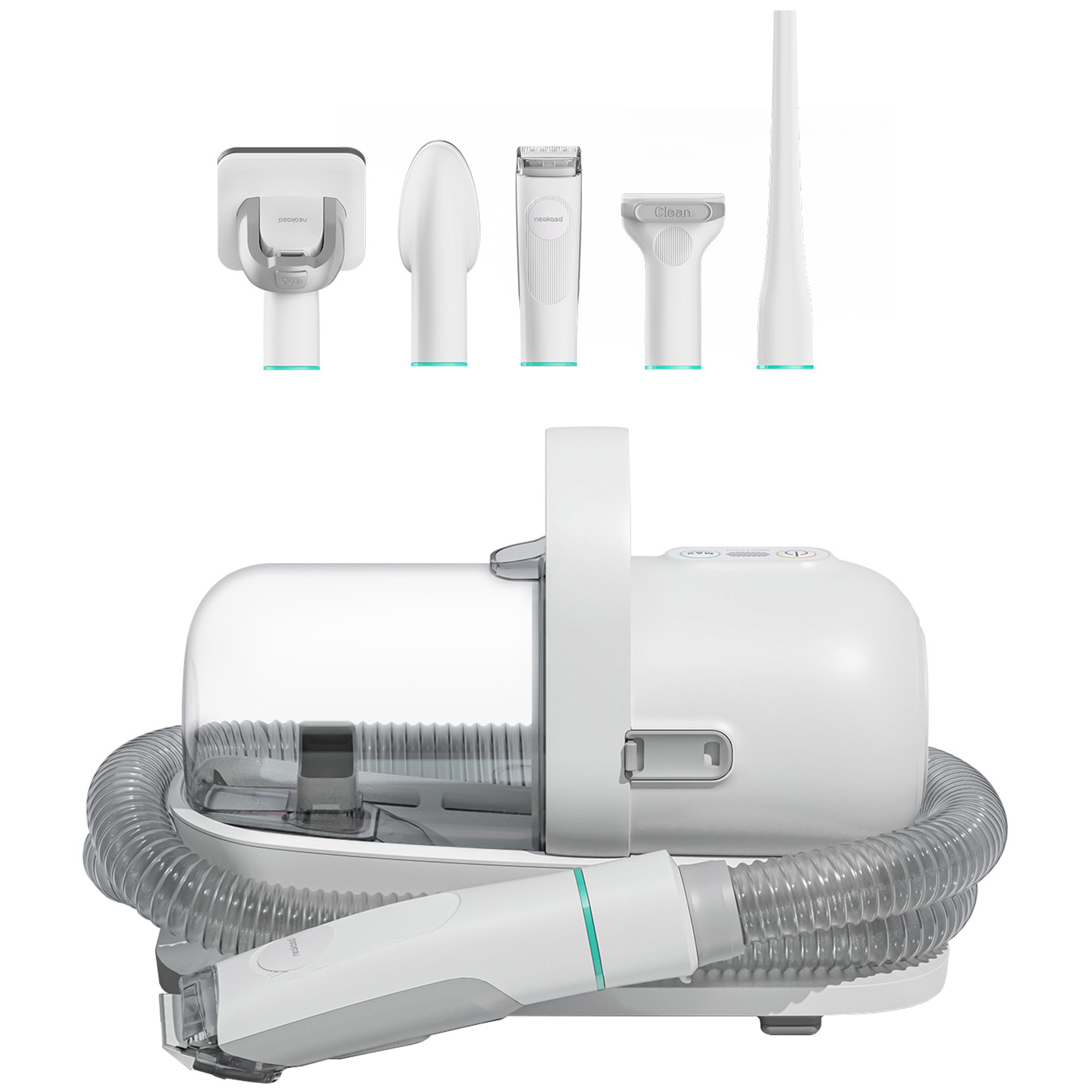 Beyaz bir CPAP temizleyici, çıkarılabilir parçalar, hortum ve sap ile. Bazı parçalarda turkuaz detaylar var. Arka plan beyazdır.