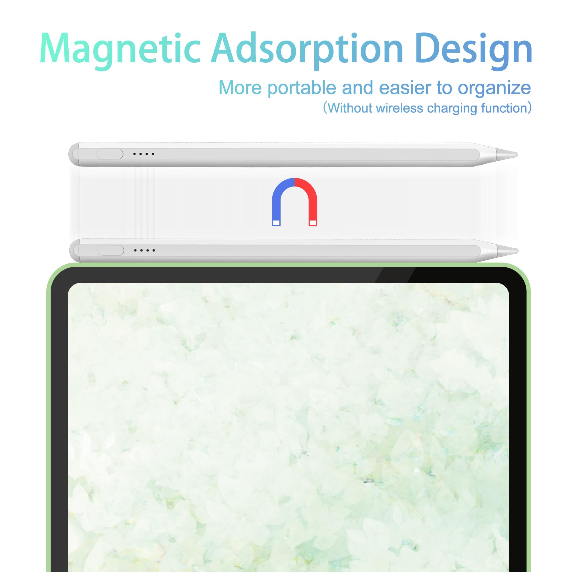 Das Bild zeigt zwei Stifte über einem Tablet mit einem U-förmigen Magneten dazwischen. Der Text lautet 'Magnetic Adsorption Design'.