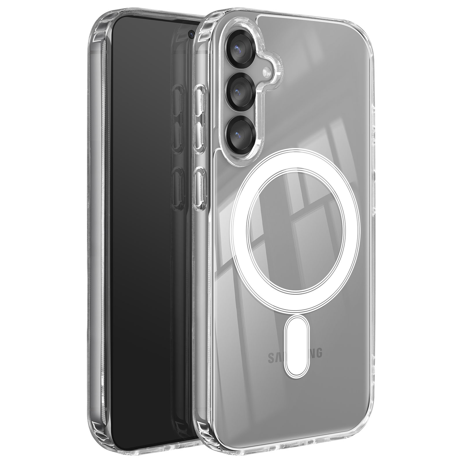 Transparante telefoonhoes met telefoon erin. Hoesje heeft een witte cirkel en rechthoek. Samsung-logo zichtbaar.