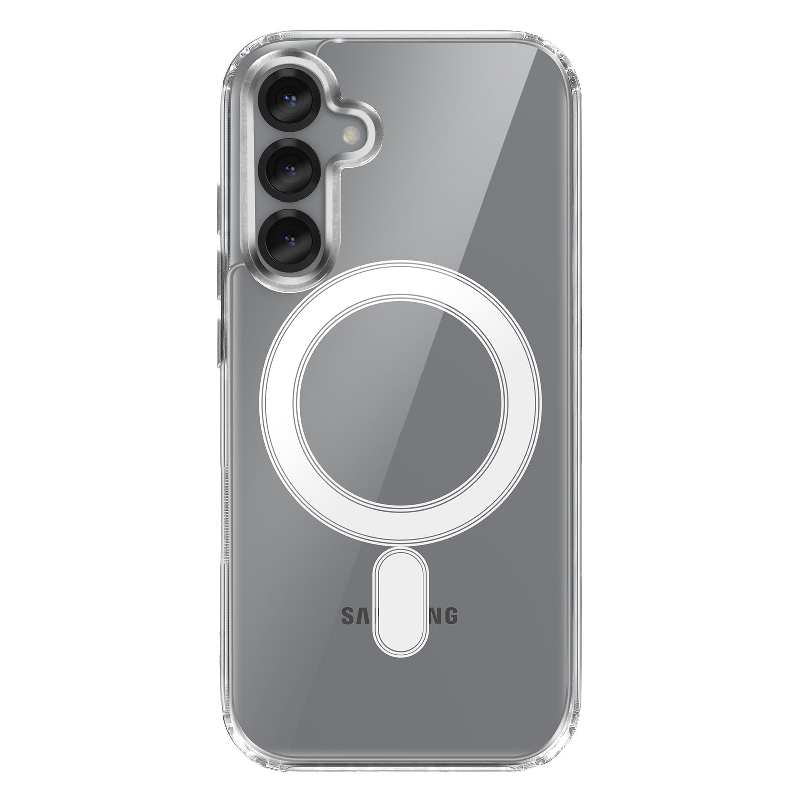 Transparante telefoonhoes. Met witte cirkelvormige MagSafe-ring, camera-uitsparing en het woord 'Samsung'.