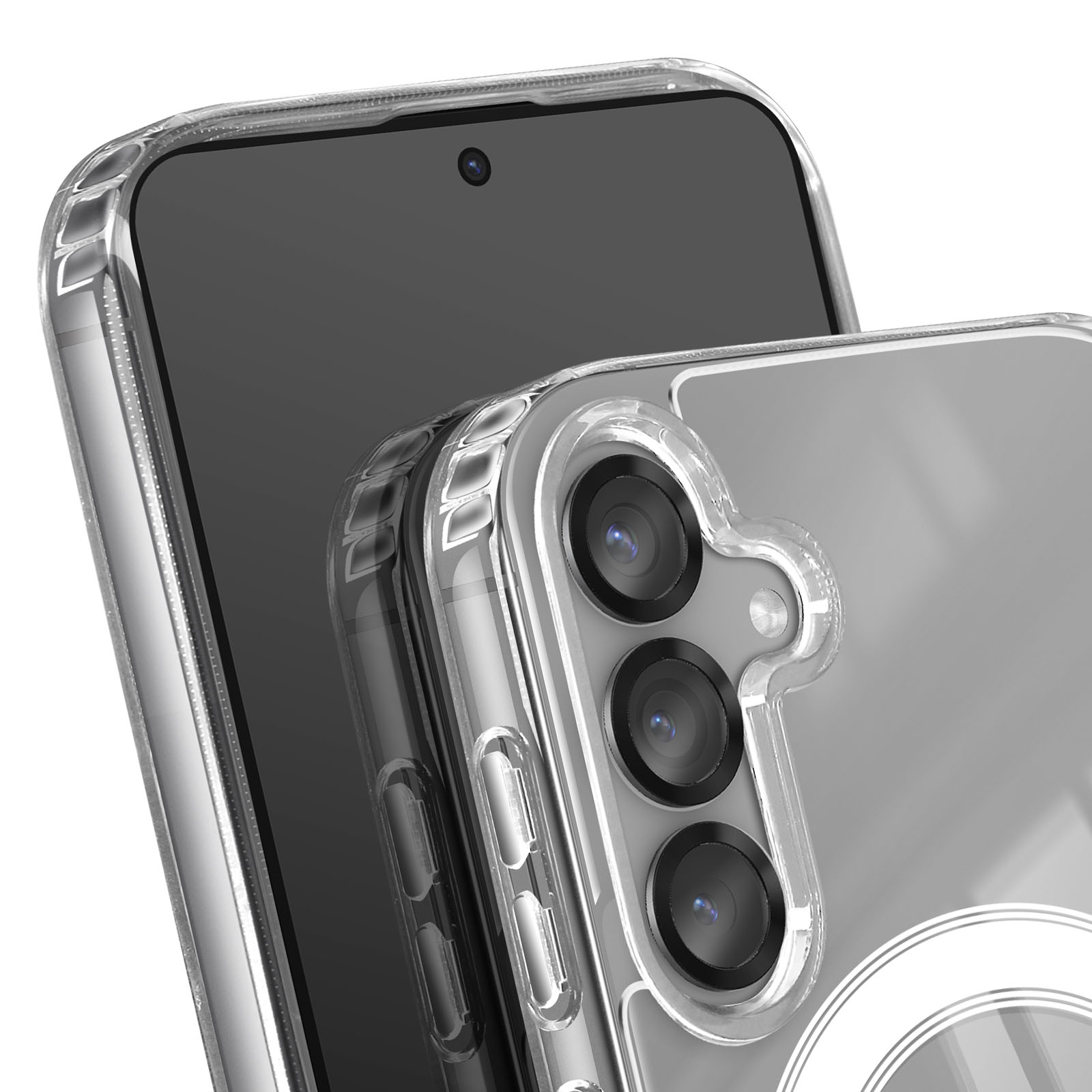 Close-up van een telefoon in een doorzichtige hoes. De telefoon heeft een zwart scherm en een camera. De hoes heeft drie cameragaten.
