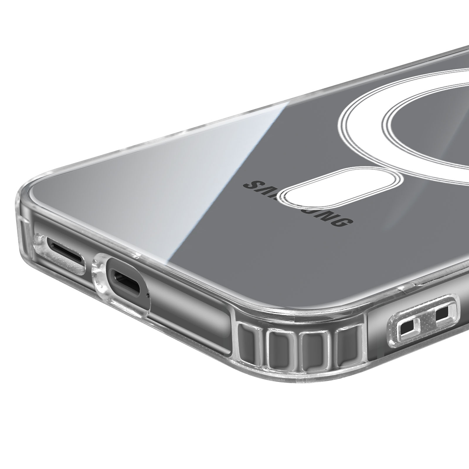 Transparante telefoonhoes. Zichtbare poorten en knoppen. Samsung-logo op de achterkant. Witte achtergrond.