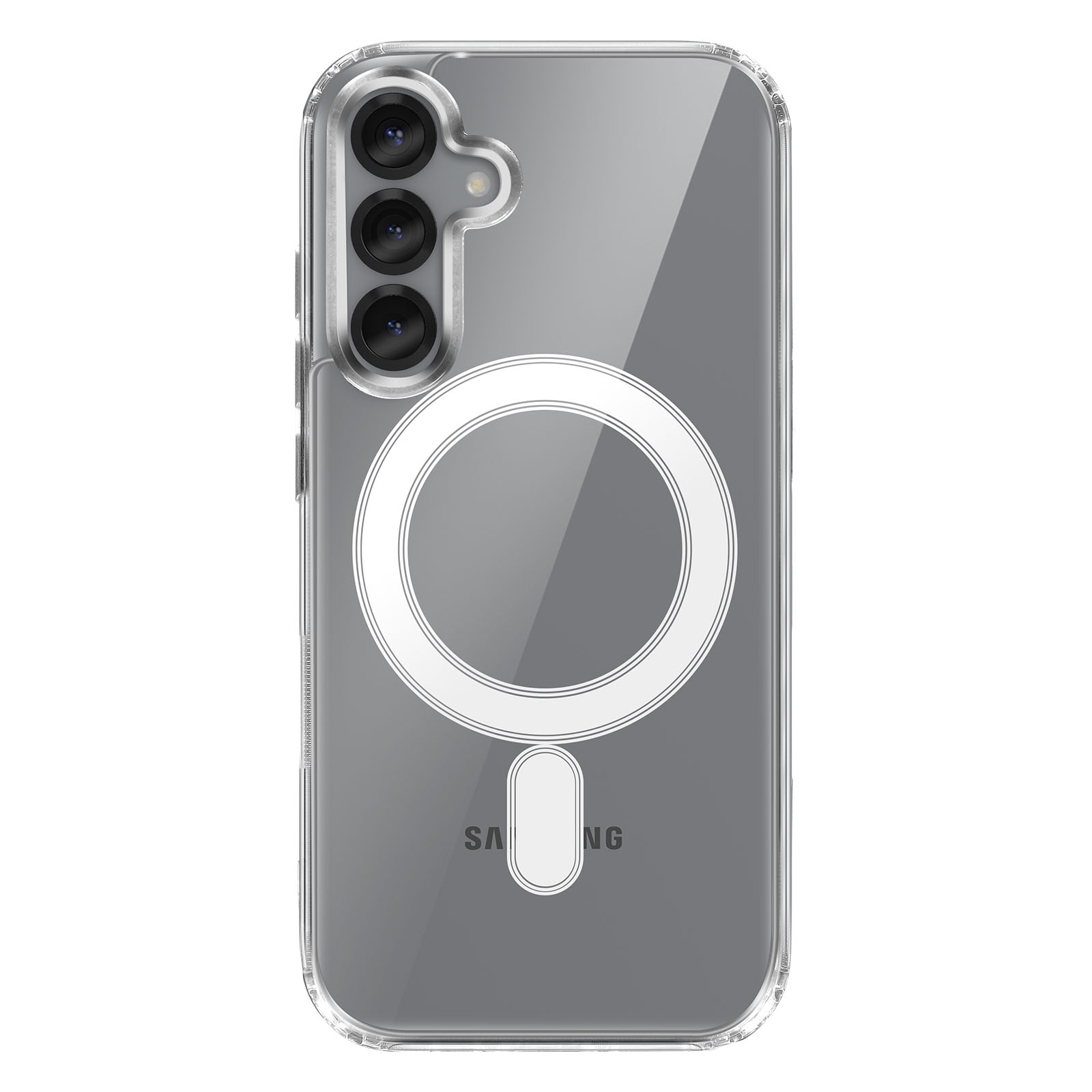 Transparante telefoonhoes. Zichtbare cameralenzen bovenaan. Witte ring en vorm aan de achterkant, met tekst 'SA NG'.