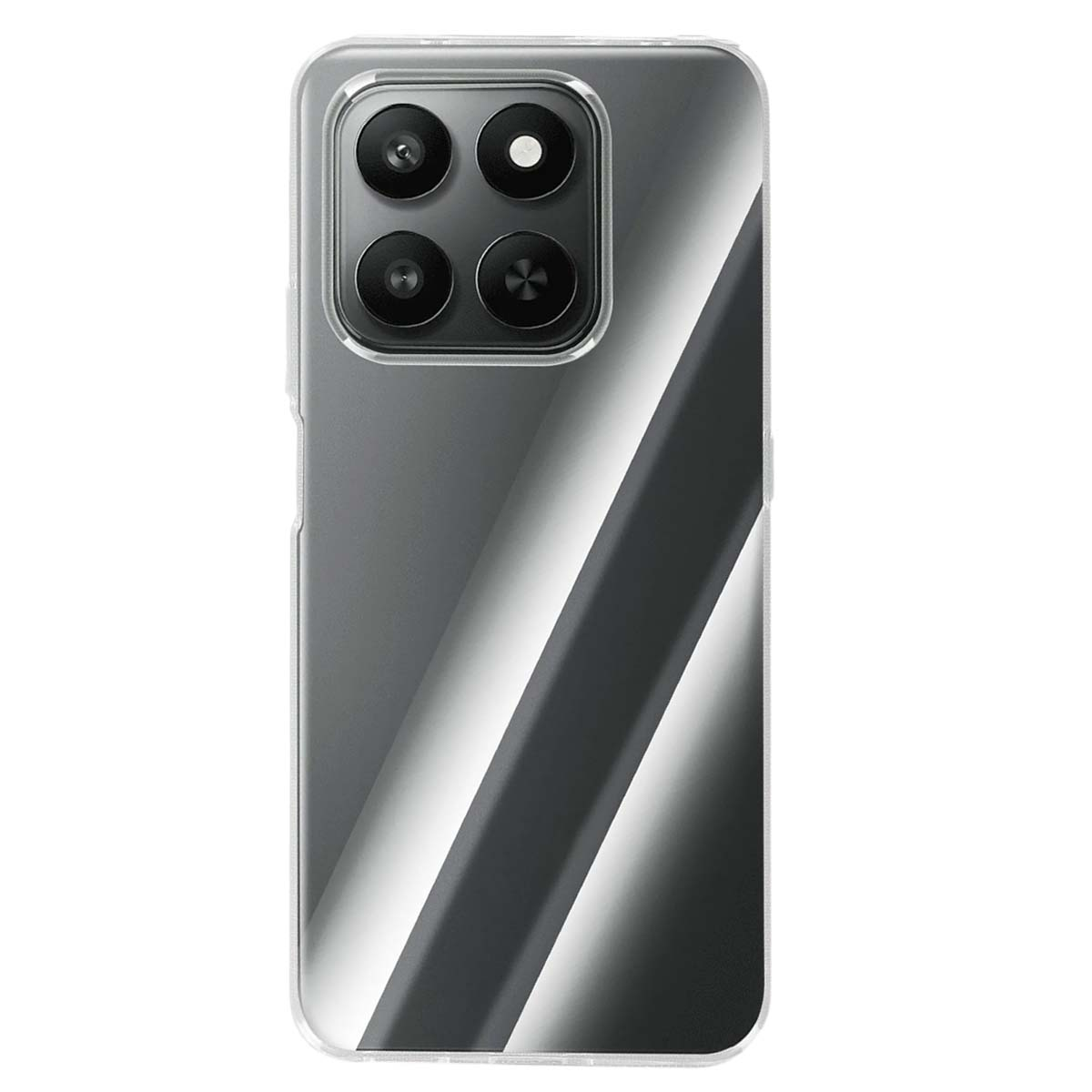 Una custodia per smartphone con modulo fotocamera. Ha un gradiente di strisce nere, grigie e bianche e un bordo trasparente.