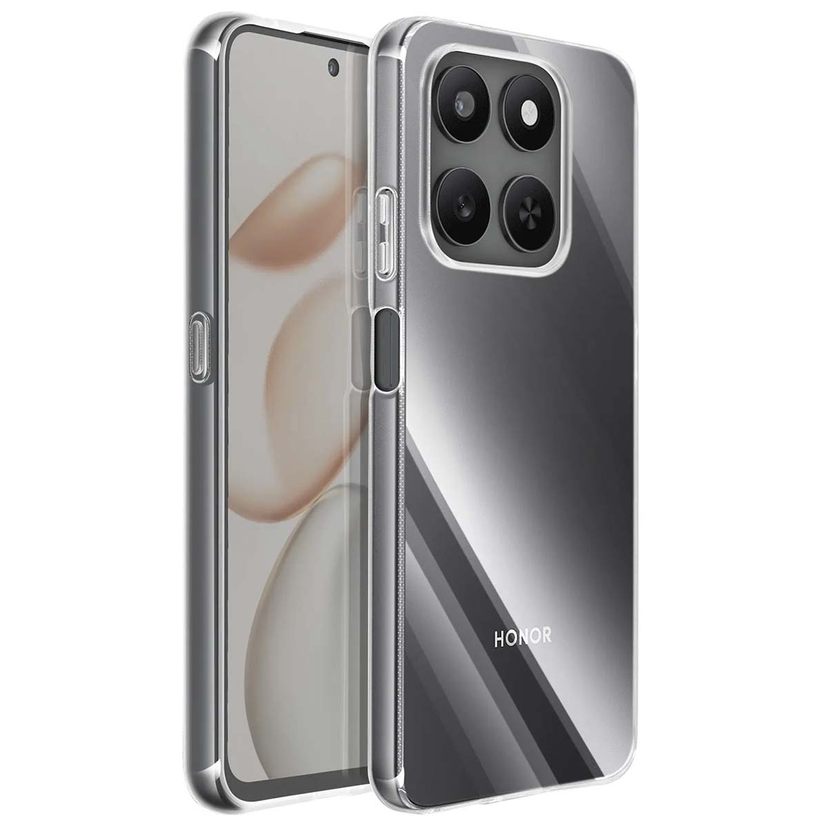 Una custodia trasparente per telefono con un telefono all'interno. Il telefono ha uno schermo e una fotocamera. La custodia ha una superficie lucida.