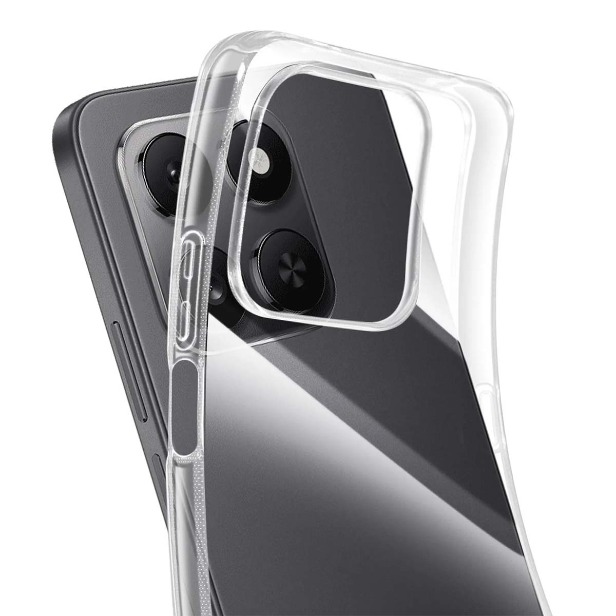 Una custodia trasparente per telefono è posizionata su un telefono nero. Il telefono ha tre obiettivi. La custodia è trasparente.