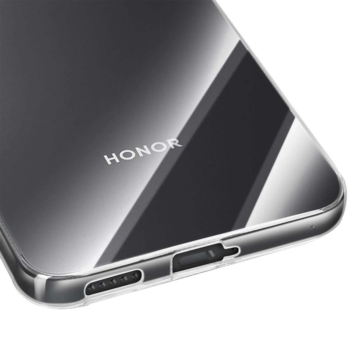 Una custodia trasparente per telefono con la scritta 'HONOR'. La custodia riflette la luce, mostrando una sfumatura di grigio e bianco. L'angolo è visibile.