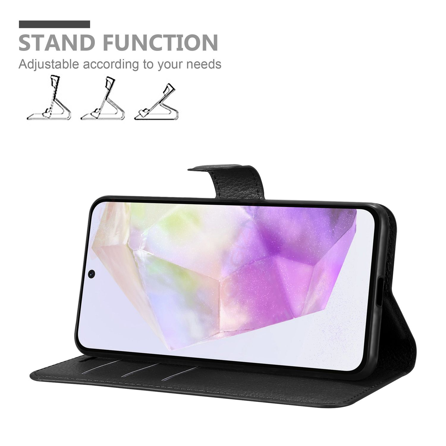 Eine schwarze Handyhülle mit einem Handy, das ein lila Kristallbild zeigt, geöffnet, um als Ständer zu dienen. Text: Standfunktion.
