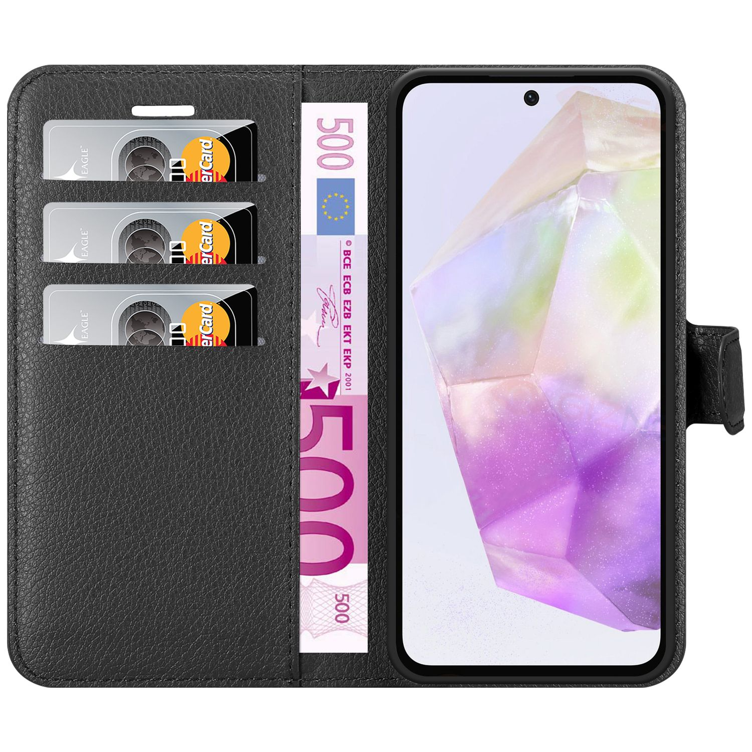 Eine schwarze Handytasche mit Smartphone. Sie enthält Kreditkarten und einen 500-Euro-Schein. Das Telefon zeigt ein lila-weißes Bild.