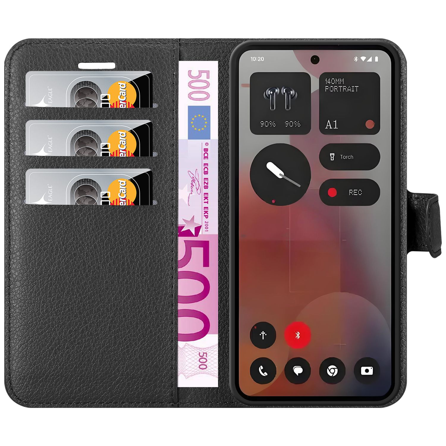 Ein Telefon in einer schwarzen Geldbörse. Drei Kreditkarten und ein 500-Euro-Schein sind sichtbar. Der Telefonbildschirm zeigt App-Symbole.