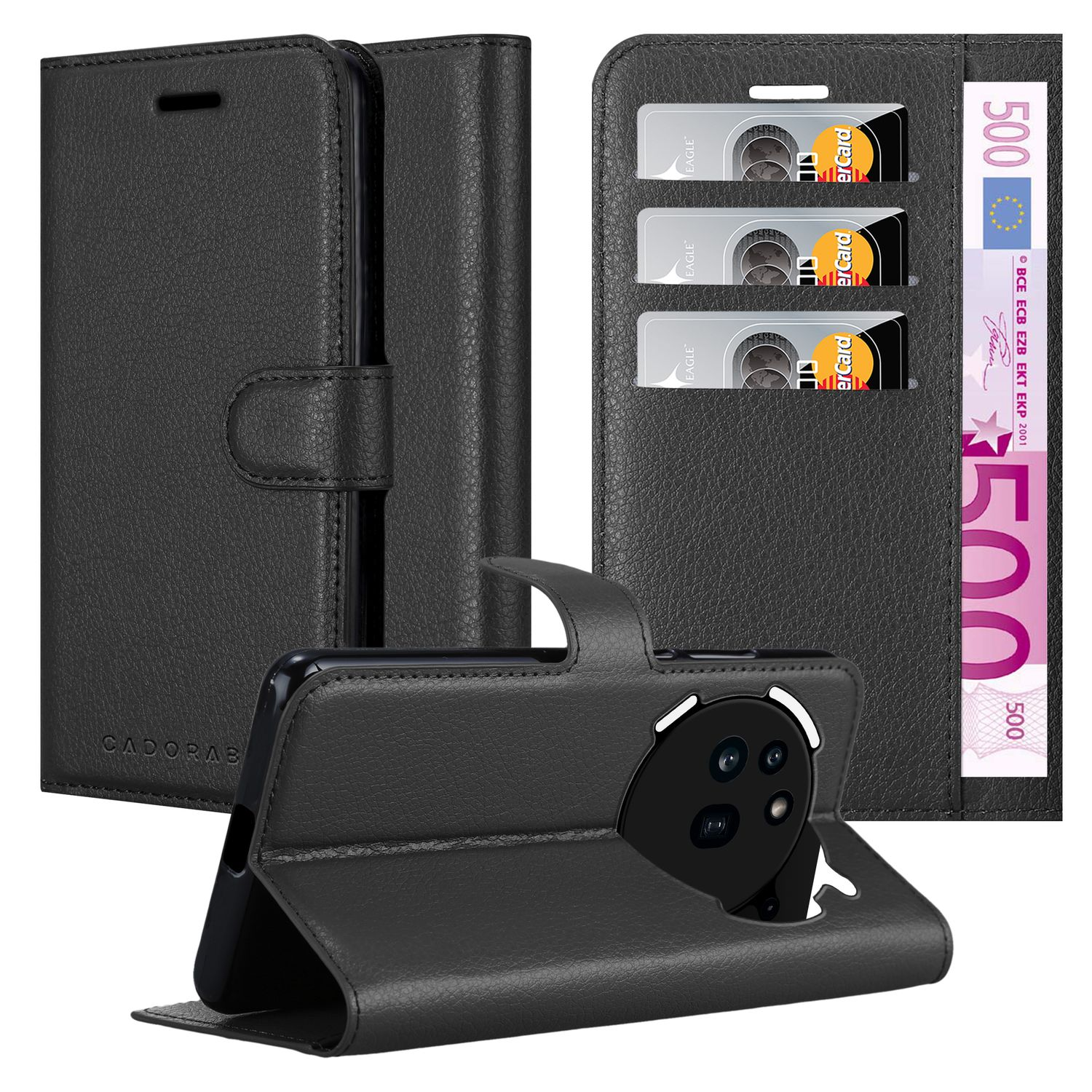 Eine schwarze Handyhülle mit einem Geldfach. Sie enthält Kreditkarten und einen 500-Euro-Schein. Ein Telefon ist im Etui.