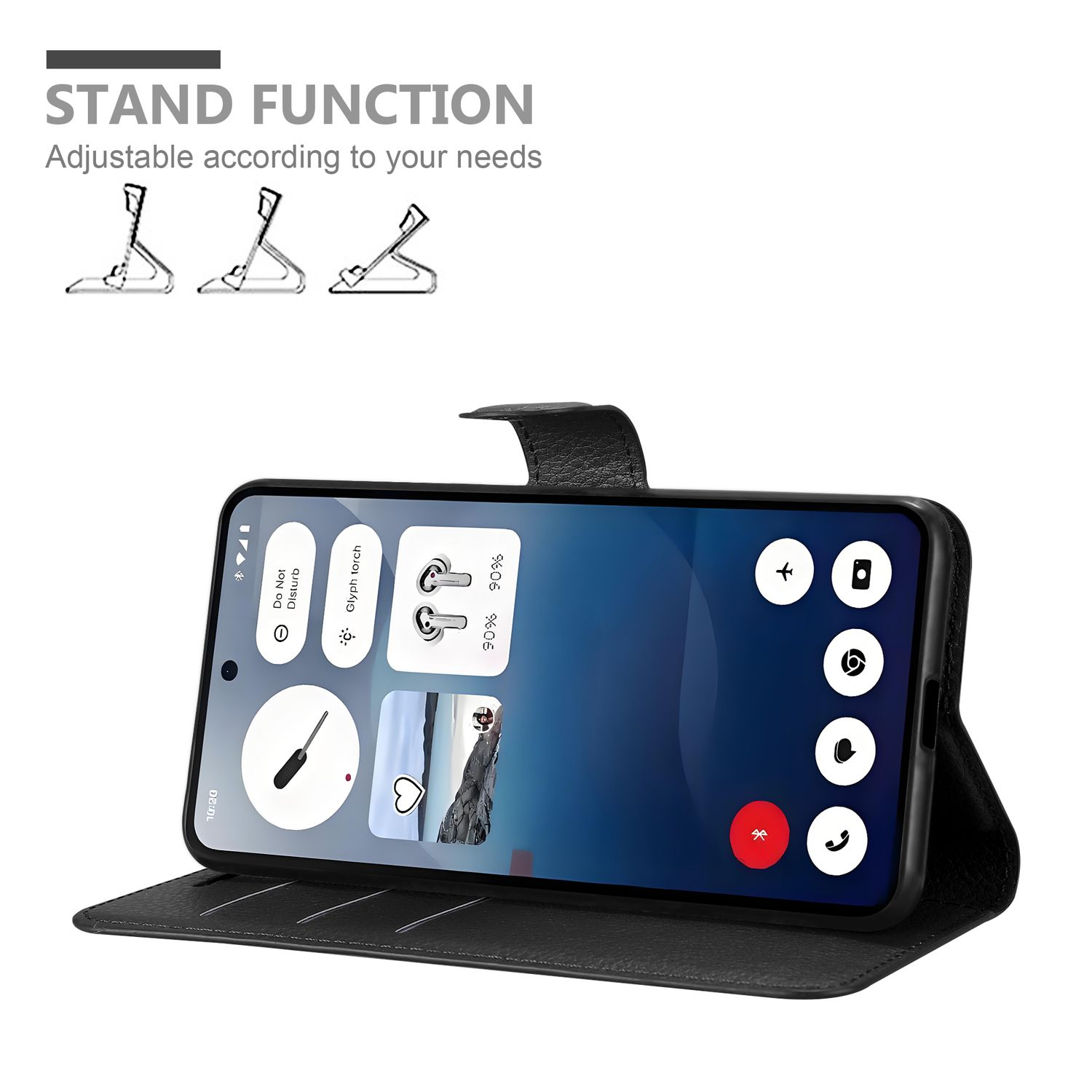 Ein Telefon in einer schwarzen Hülle ist geöffnet. Der Bildschirm zeigt Symbole. Oben steht 'STAND FUNCTION'. Die Hülle hat eine Standfunktion.
