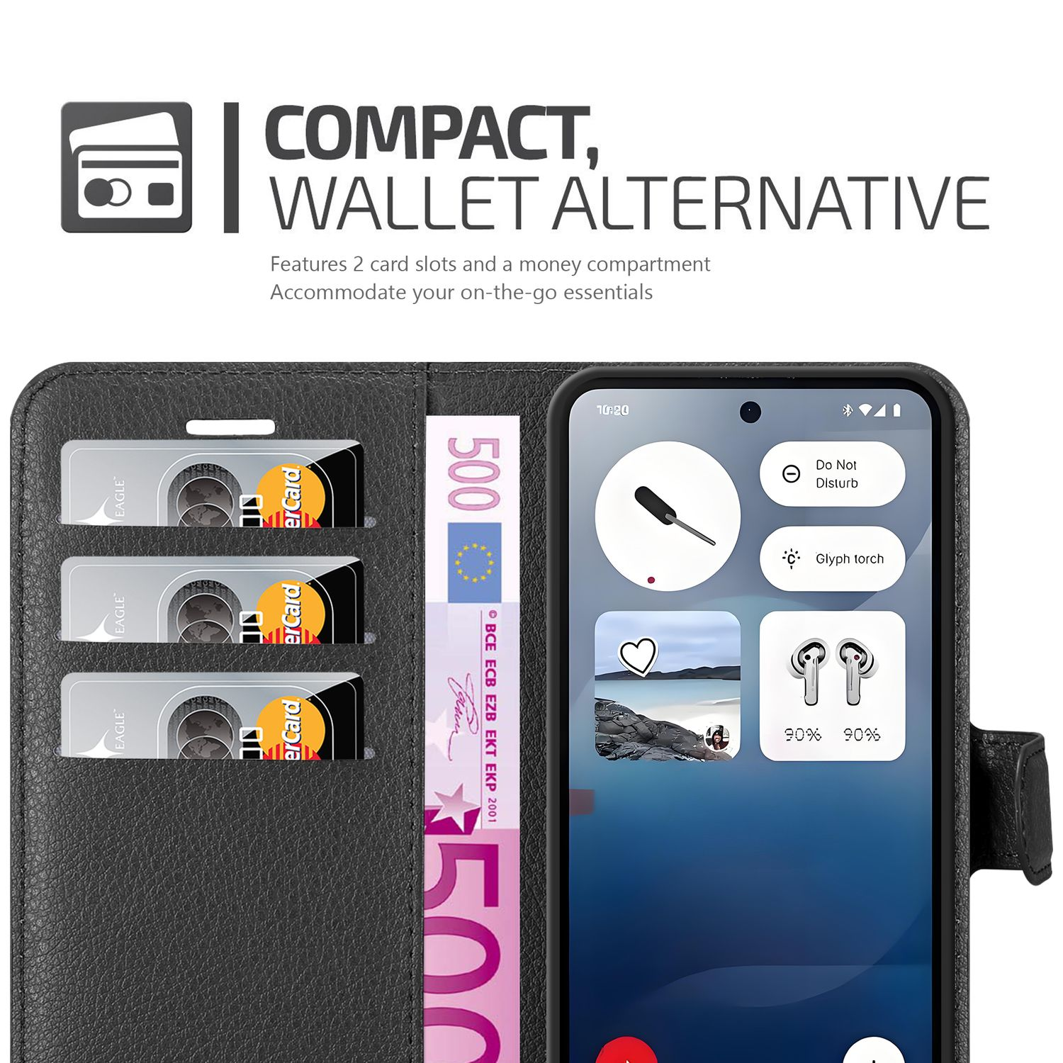 Eine Brieftasche mit Kartenfächern und einem Telefon. Das Telefon zeigt App-Symbole und eine 'Bitte nicht stören'-Benachrichtigung. Ein 500-Euro-Schein ist sichtbar.