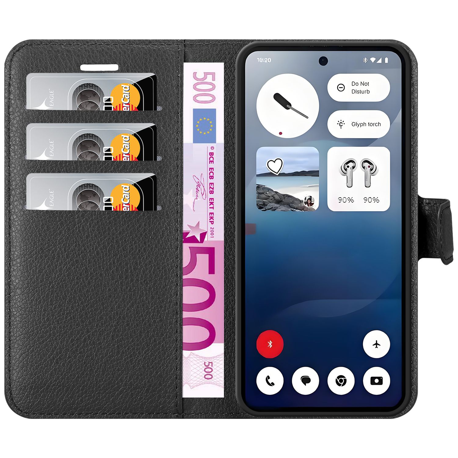 Schwarze Handyhülle mit Telefon, das App-Symbole anzeigt, und Fächern für Kreditkarten und einen 500-Euro-Schein.