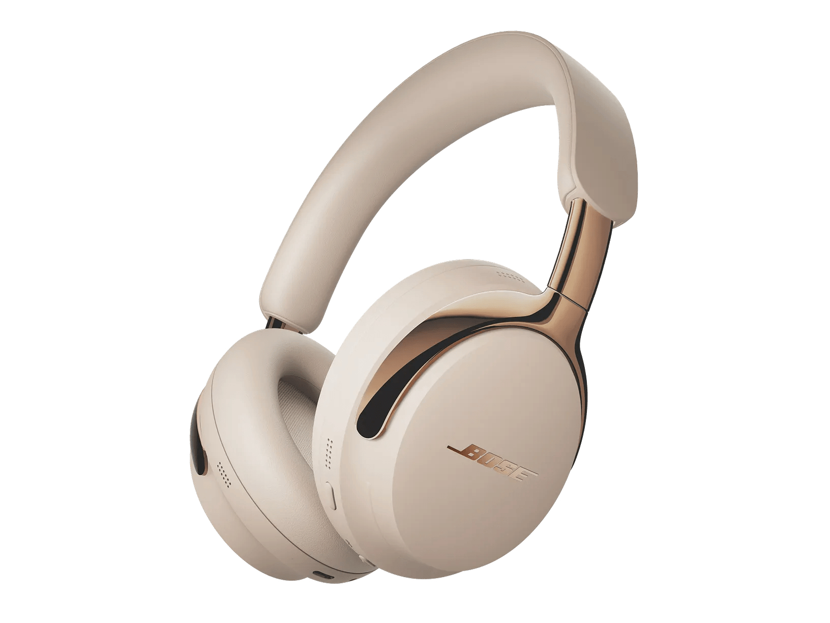 Beige Bose-Kopfhörer mit goldenen Akzenten auf weißem Hintergrund. Das Bose-Logo ist zu sehen.