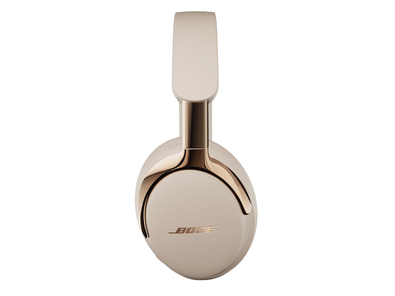 Ein Paar beige Bose-Kopfhörer mit goldenen Akzenten, vor weißem Hintergrund.