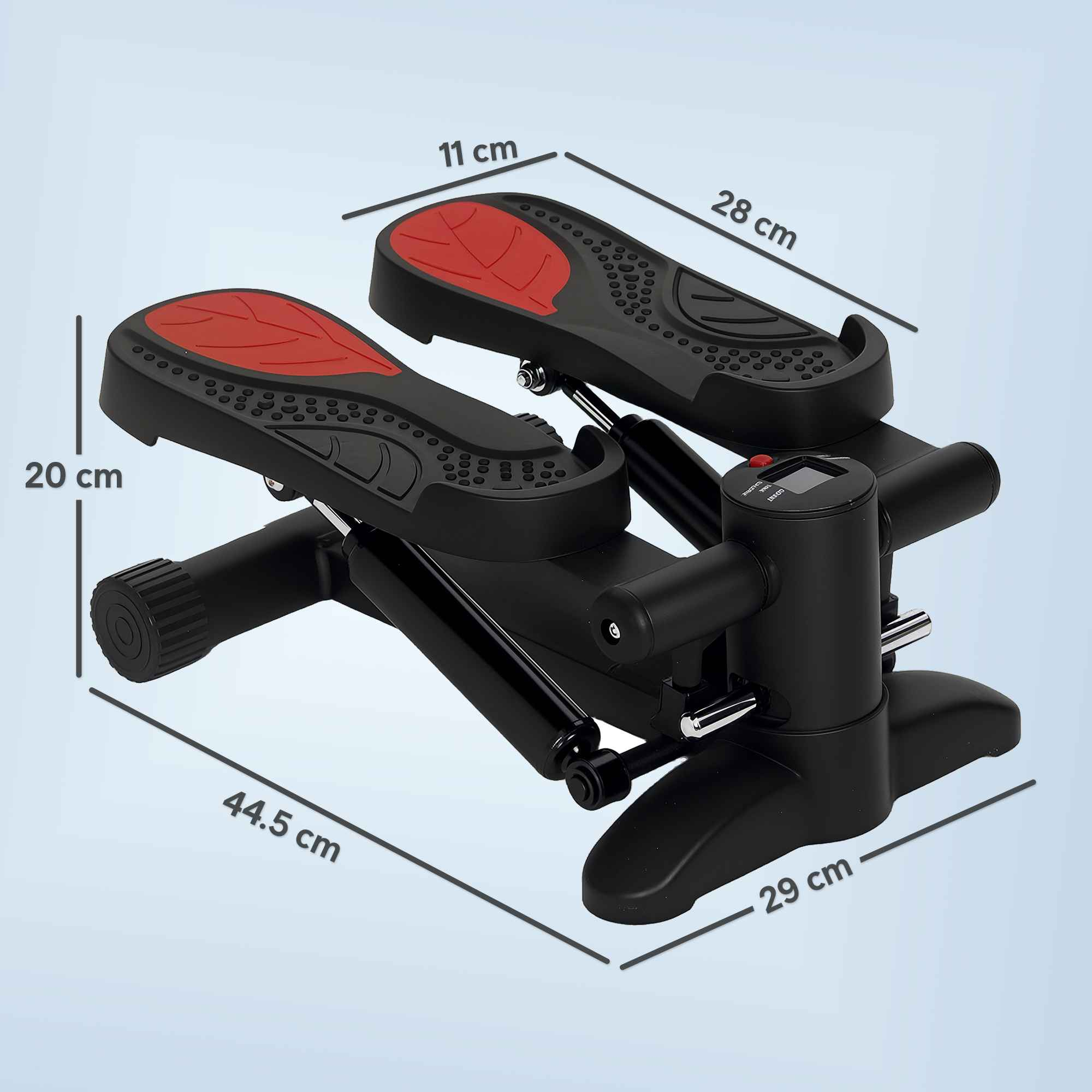 Schwarze Stepper-Maschine mit roten Fußpads. Abmessungen sind beschriftet. Der Hintergrund ist ein hellblauer Farbverlauf.