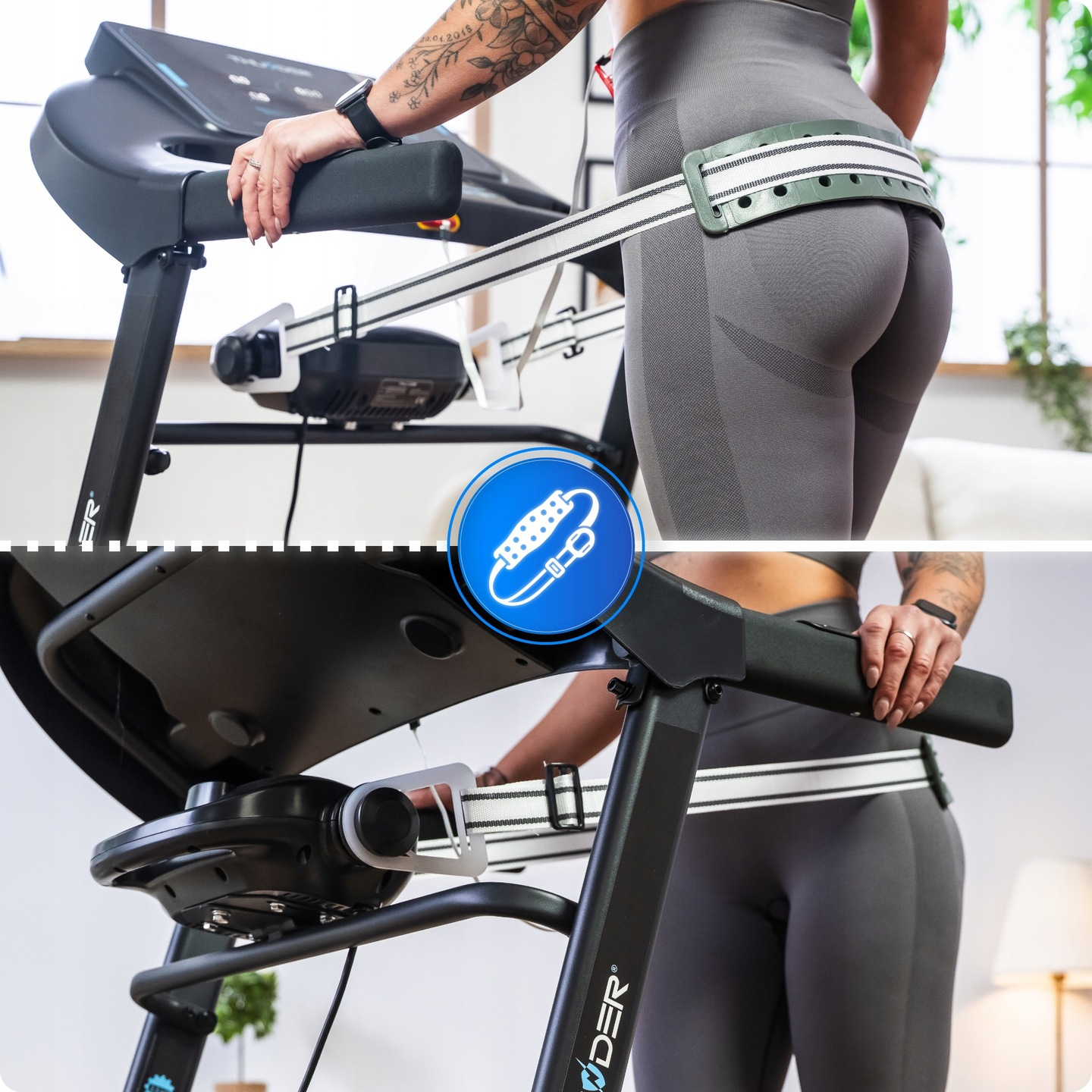 Kobieta na bieżni, w szarych legginsach i pasie podtrzymującym talię. Bieżnia ma czarną ramę, biały pasek.