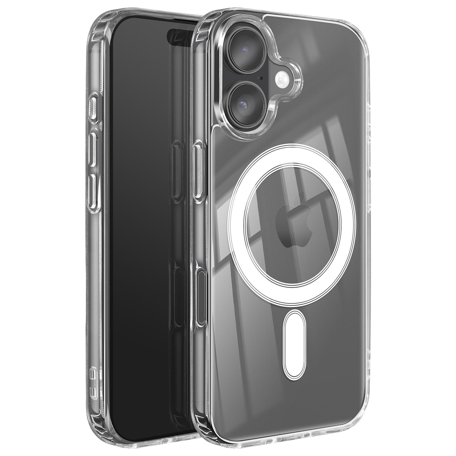 Custodia trasparente per iPhone con anello magnetico, mostra il telefono all'interno. La custodia è trasparente.