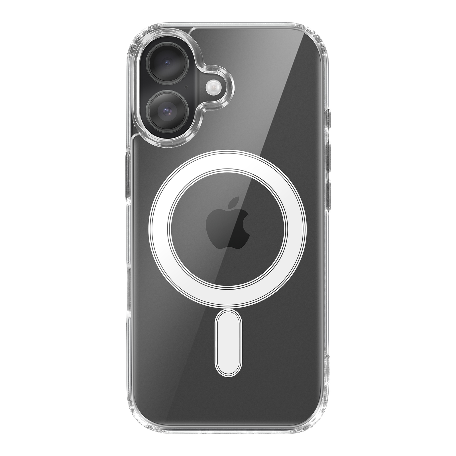 Custodia trasparente per telefono con ritagli per fotocamera, logo Apple e anello MagSafe.