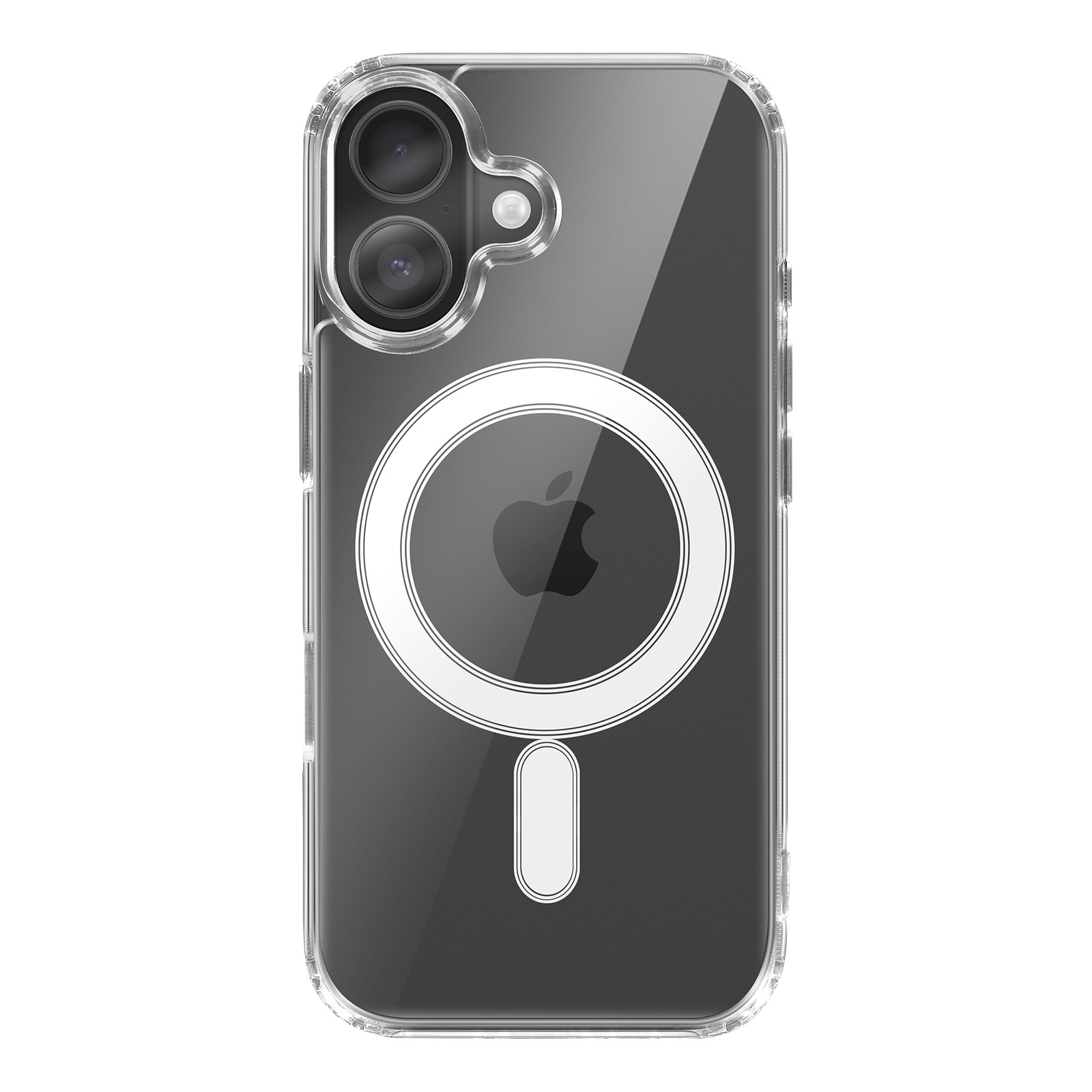 Custodia trasparente per iPhone con anello bianco e logo Apple, due lenti della fotocamera e forma rettangolare bianca.