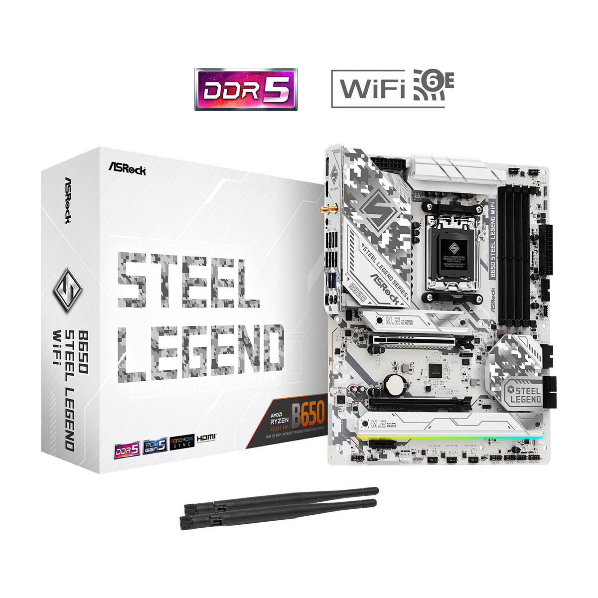 Biała i szara płyta główna ASRock B650 Steel Legend WiFi z pudełkiem i antenami. Posiada logo DDR5 i WiFi 6E.