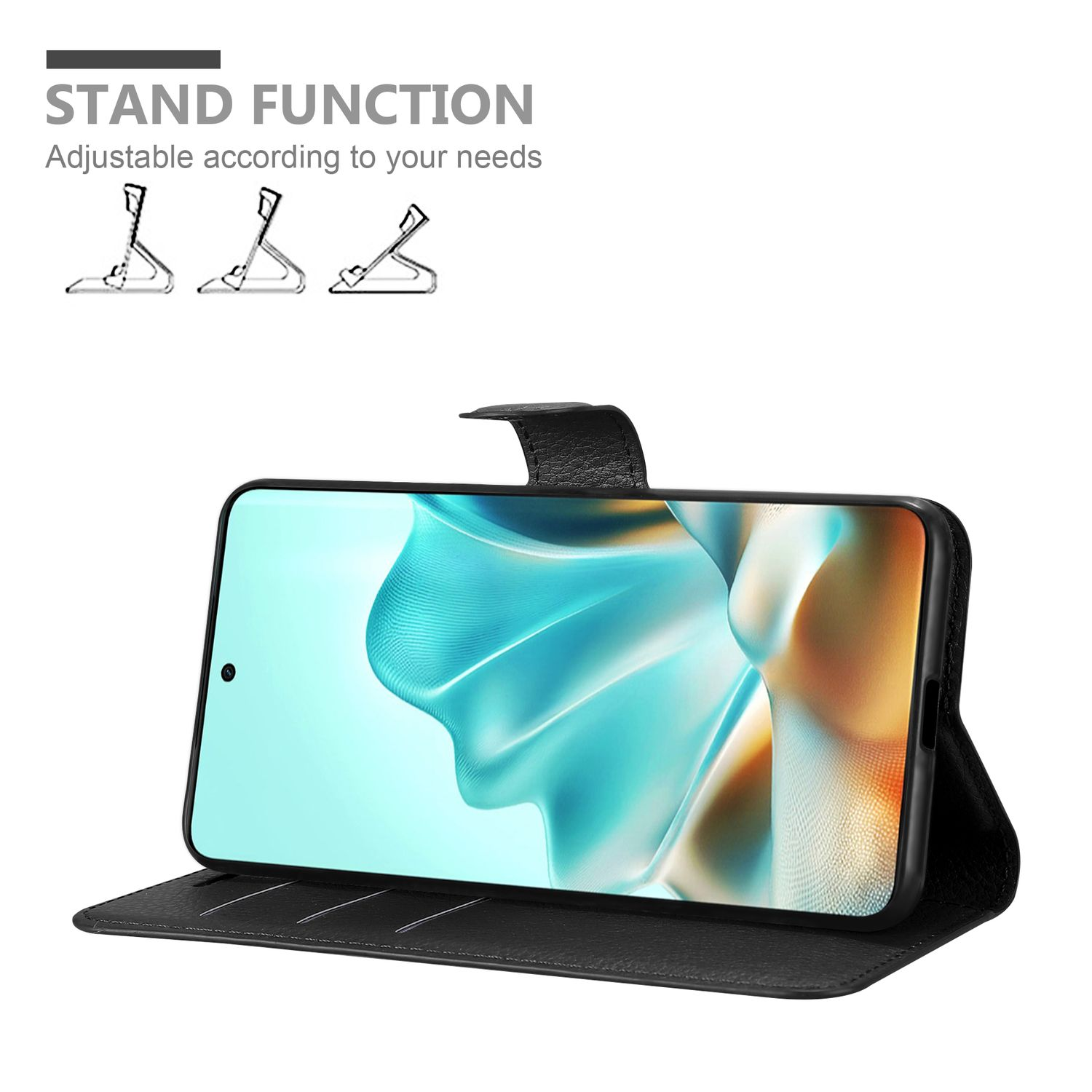 Ein Telefon in einer schwarzen Hülle wird angezeigt. Die Hülle ist geöffnet und zeigt den Bildschirm des Telefons. Der Text oben lautet Standfunktion.