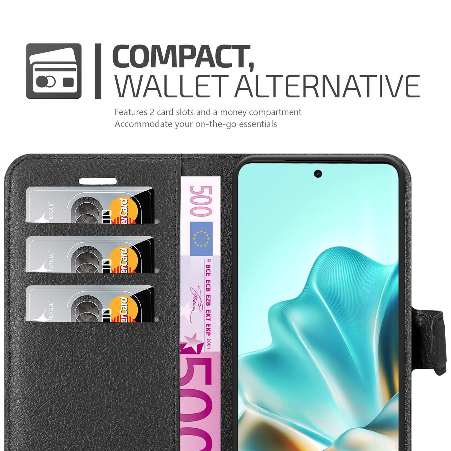 Eine Brieftaschenalternative mit Telefon und Kartenfächern, die Karten und einen 500-Euro-Schein enthält. Die Geldbörse ist schwarz. Text oben.