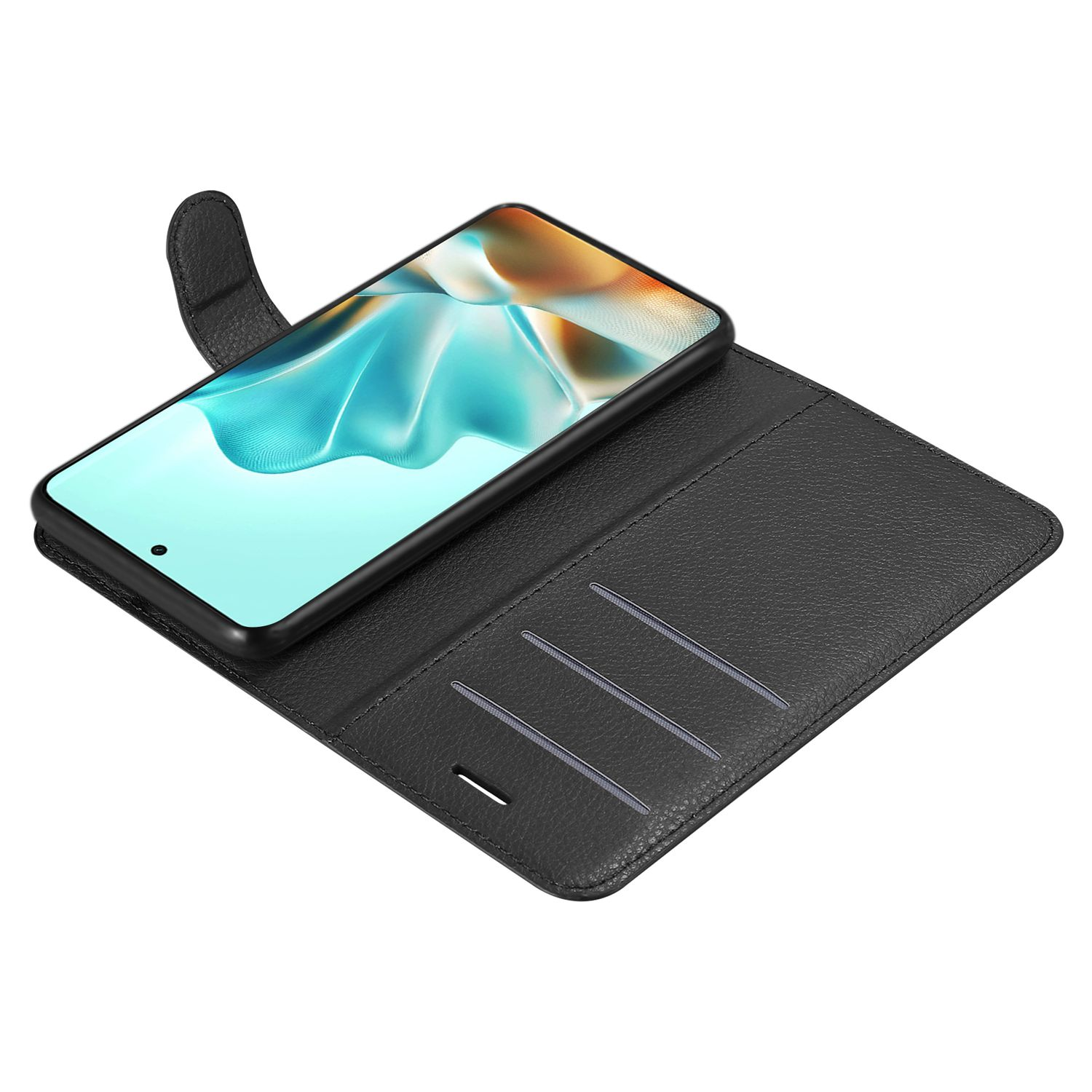 Ein Smartphone liegt auf einer offenen schwarzen Lederhülle. Das Telefon zeigt ein farbenfrohes, abstraktes Bild. Die Hülle hat Kartenfächer.