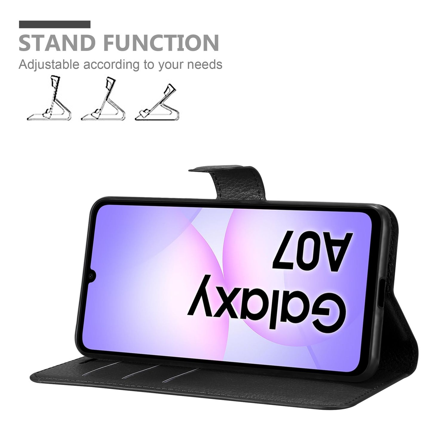 Schwarze Handyhülle mit Telefon, das 'Galaxy A07' anzeigt. Text: 'Standfunktion' und Abbildungen verstellbarer Ständer.